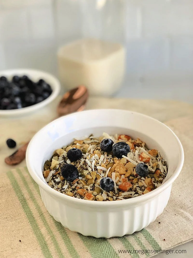Homemade low carb breakfast cereal with chopped almonds, walnuts, macadamia nuts, pumpkin seeds, coconut flakes, and chia seeds in a bowl with almond milk and blueberries