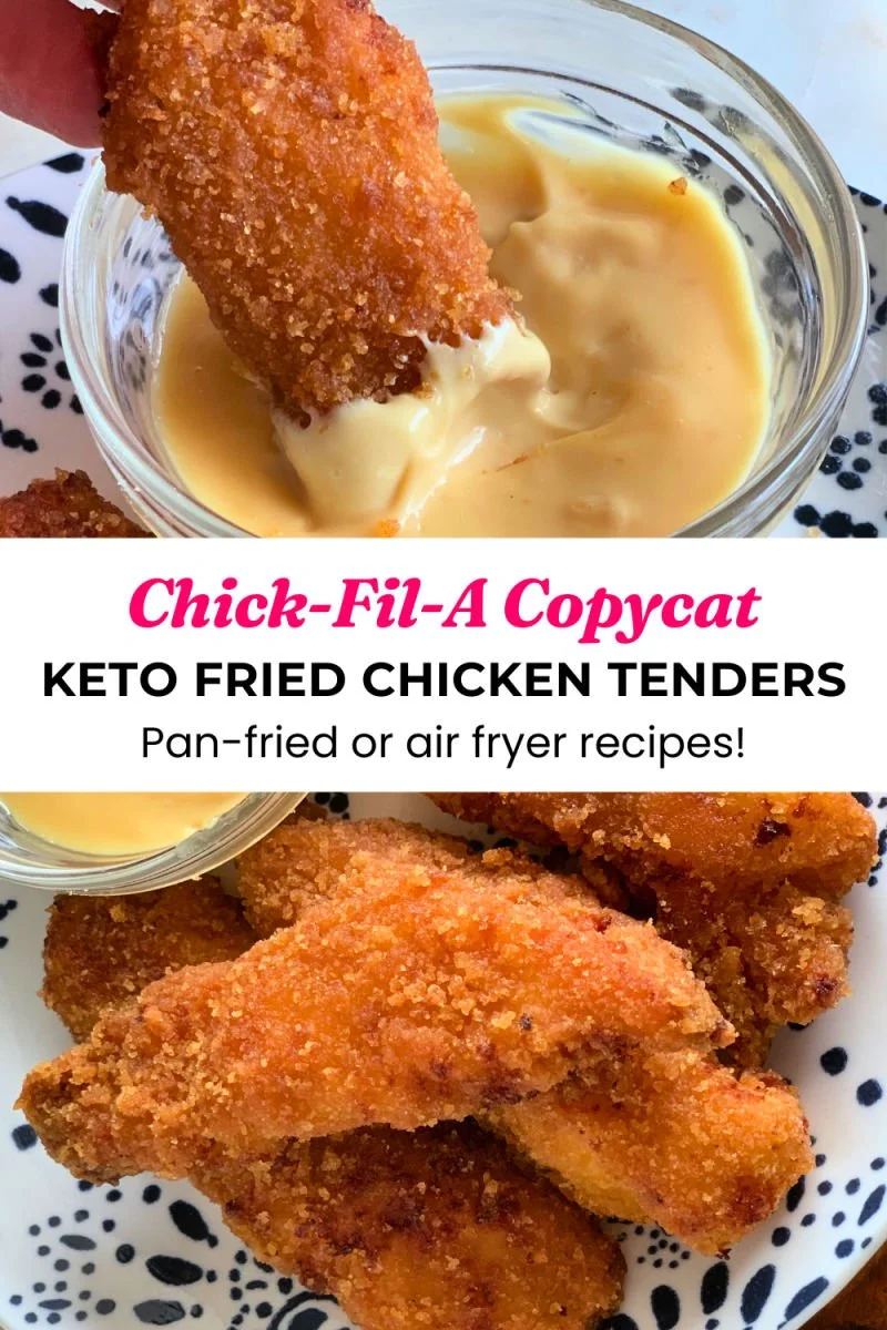Keto fried chicken tenders with almond flour pork panko coating and copycat Chick-Fil-A sauce