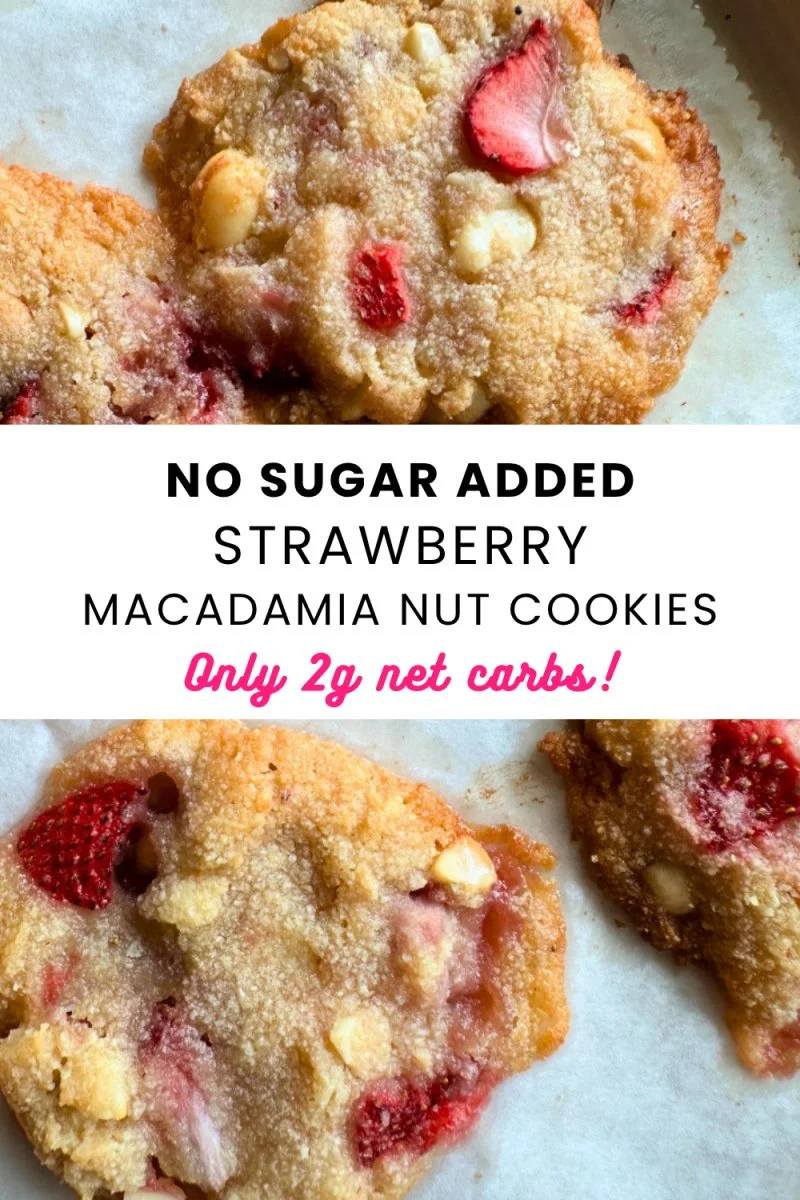 Low carb almond flour strawberry macadamia cookies made with only 6 ingredients. No added sugar, gluten free, and perfect for healthy desserts.