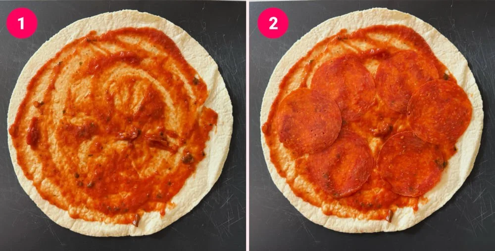 Low carb pizza hot pocket made from a folded low carb tortilla with marinara, pepperoni, and mozzarella, toasted golden in the toaster