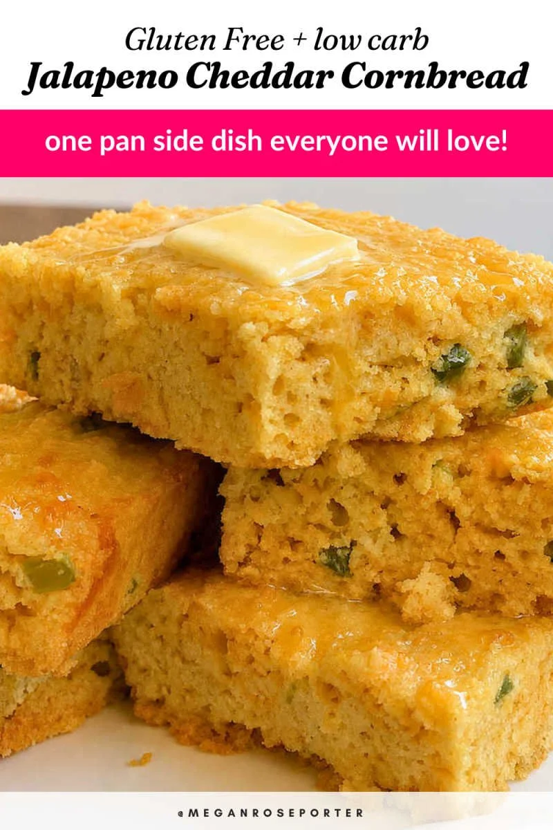 Jalapeño cheddar almond flour cornbread sliced in a 9x13 baking dish showing cheesy interior and golden top with visible jalapeño pieces