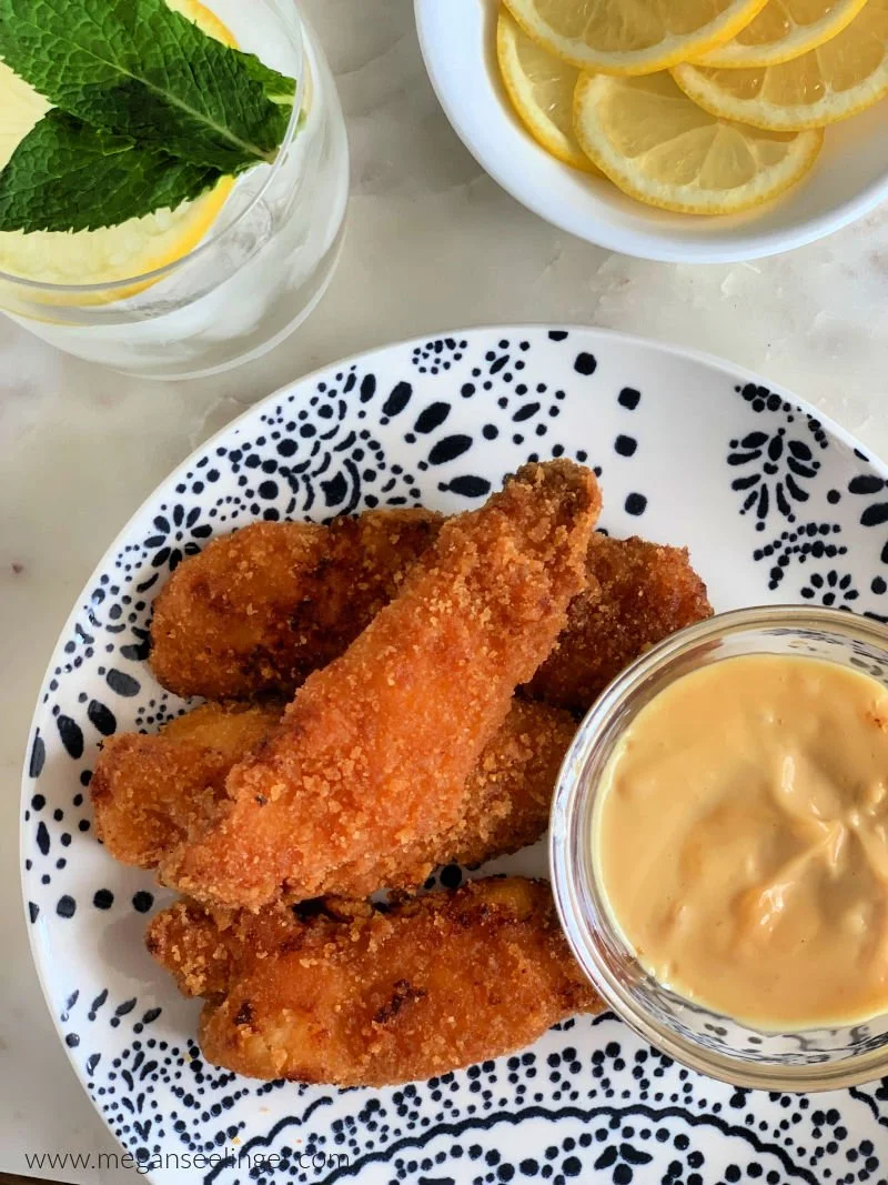 Keto fried chicken tenders with almond flour pork panko coating and copycat Chick-Fil-A sauce