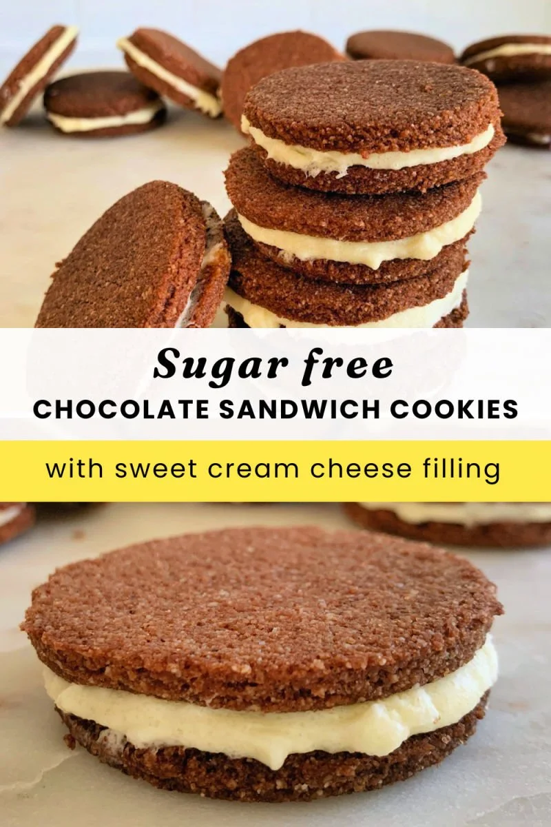 Homemade low carb chocolate sandwich cookies with cream cheese filling stacked on a white plate, crispy chocolate almond flour cookies with white cream showing