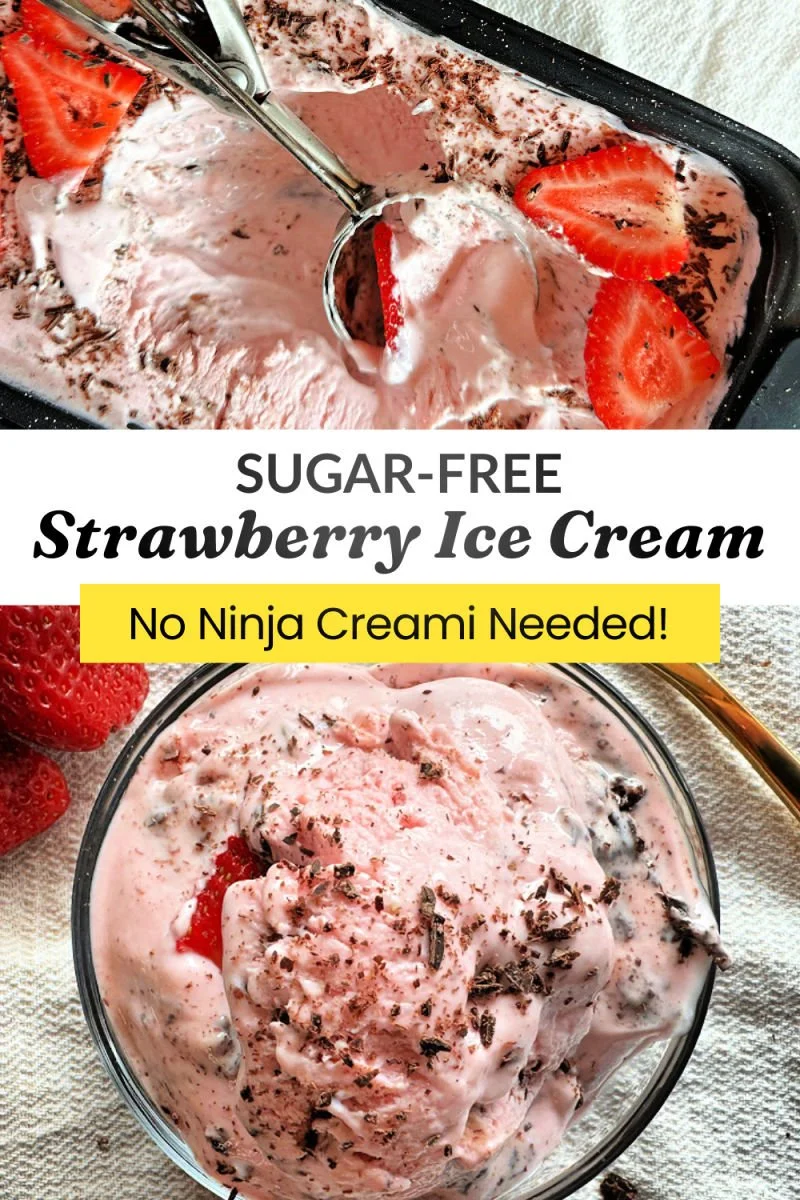This high protein strawberry cottage cheese ice cream has shaved sugar-free dark chocolate, no ice cream maker, and only 4 ingredients. Blends in 10 minutes, freezes in 4 hours.