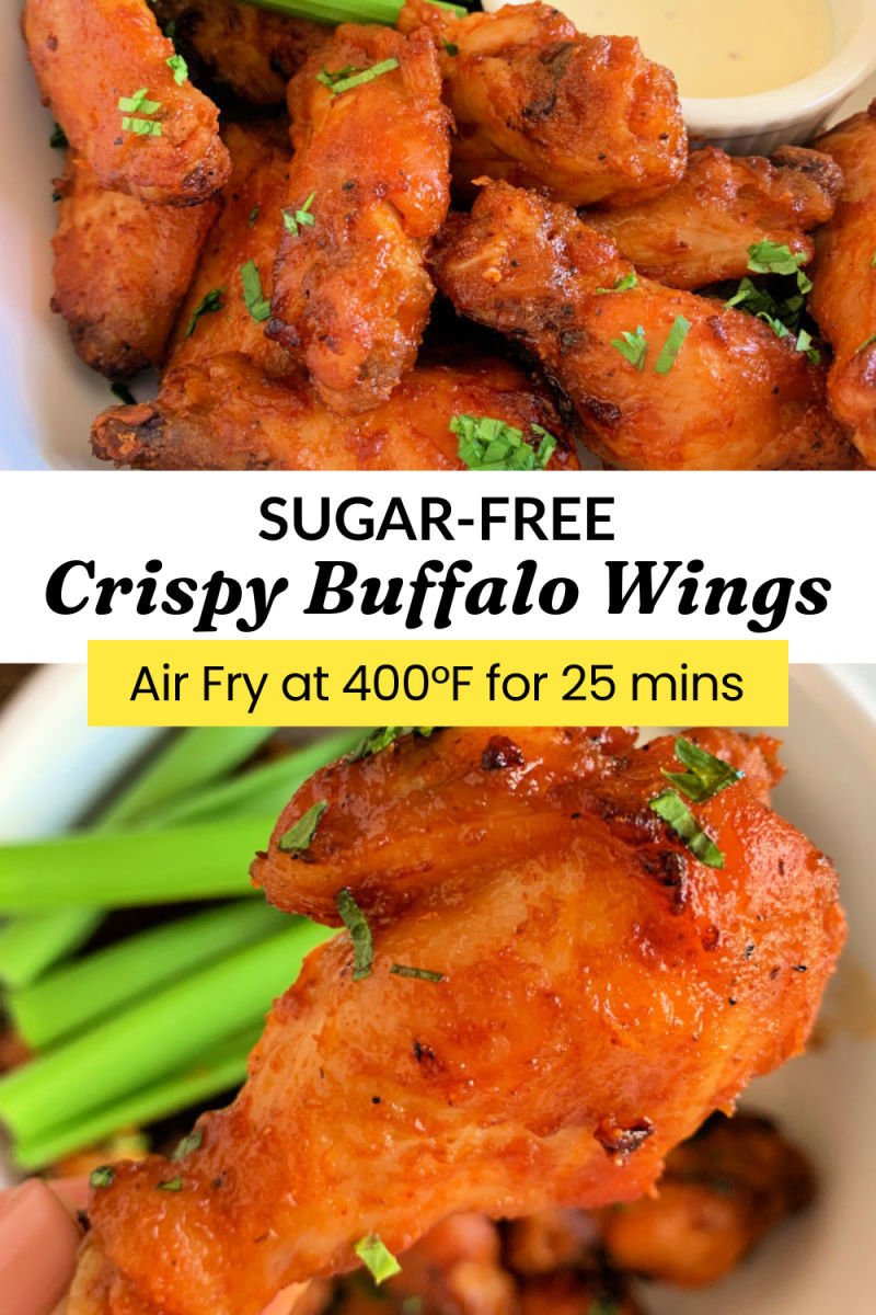 Crispy air fryer buffalo wings on a plate with high protein ranch dipping sauce and celery sticks