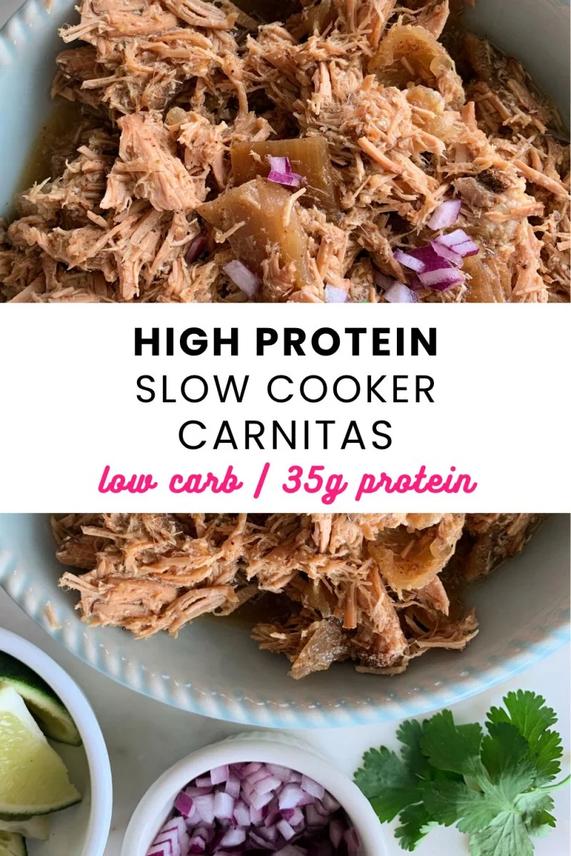 Crockpot pork carnitas made for easy meal prep. This high protein, low carb recipe is perfect for lettuce wraps or bowls and busy weeknights.