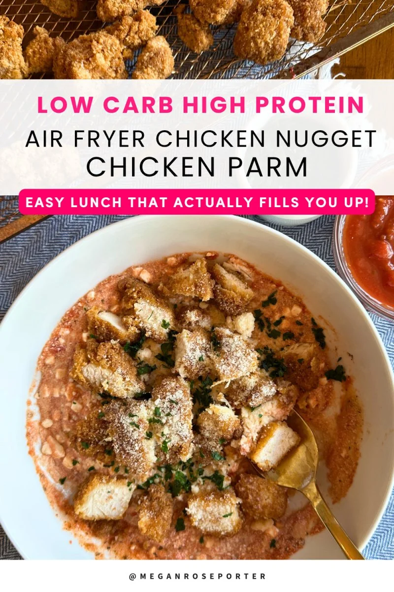 10 minute high protein cottage cheese chicken parmesan bowl with 30g+ protein. This low carb lunch is easy, filling, and perfect for weight loss.