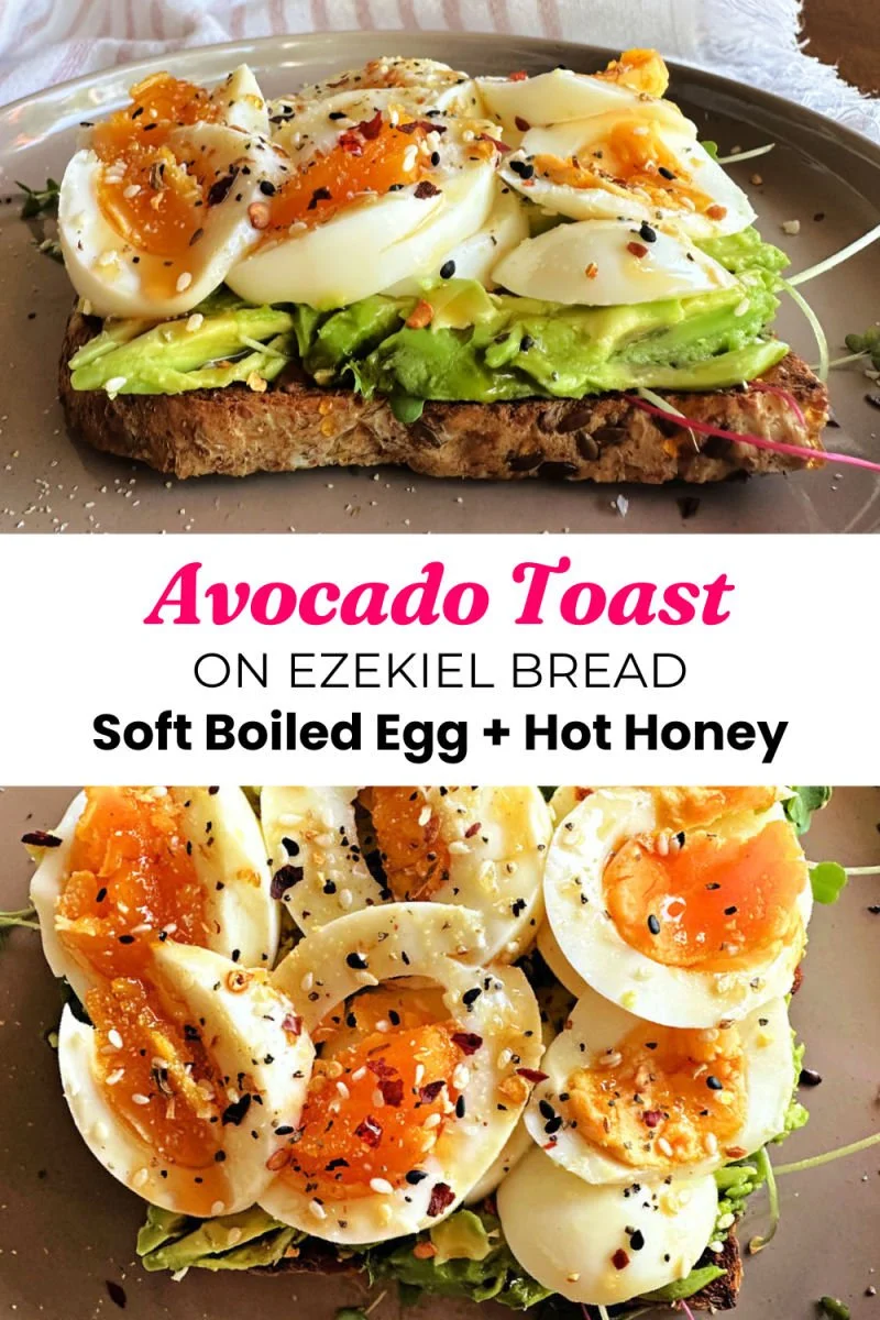 Avocado toast on Ezekiel sprouted grain bread with soft boiled egg, microgreens, everything bagel seasoning and hot honey drizzle