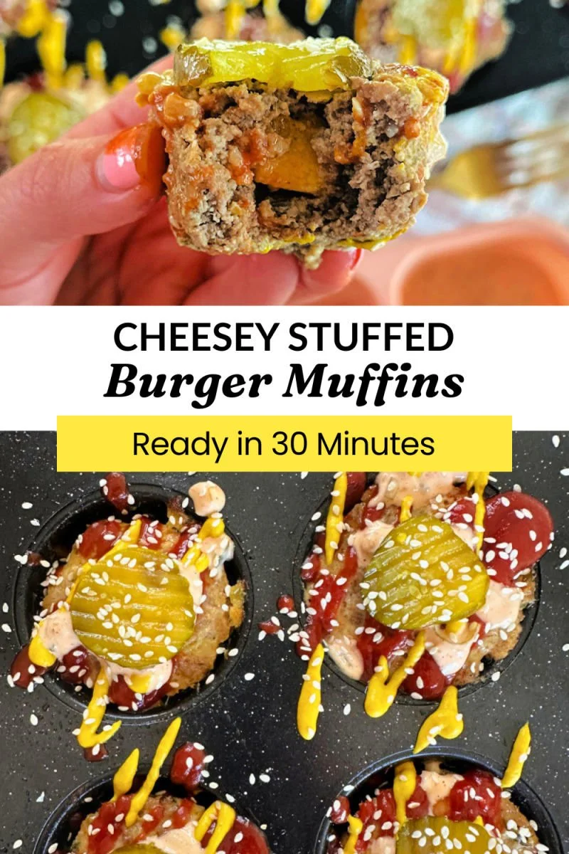 High protein cheeseburger muffins with a cheesy center in a muffin tin next to sugar-free burger sauce and raw vegetables