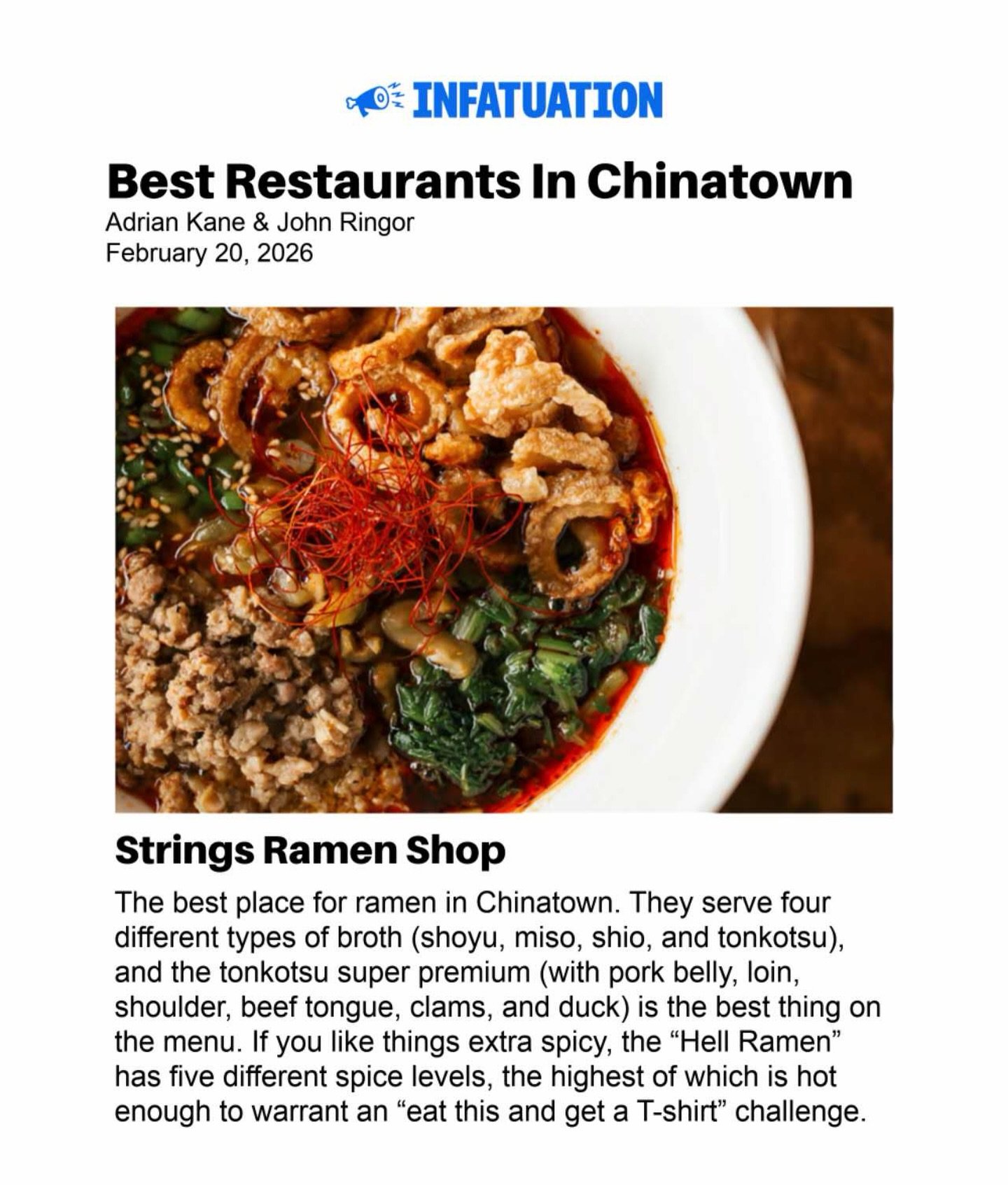Exploring Chinatown? Follow the steam. 🍜👀 If you hear slurping, you&rsquo;re getting warmer.
Big love to @infatuation_chi for the shoutout ❤️ Come see why everyone&rsquo;s craving ramen season.
.
📍 Strings Ramen> | Chinatown 🕒 Sun&ndash;Thurs: