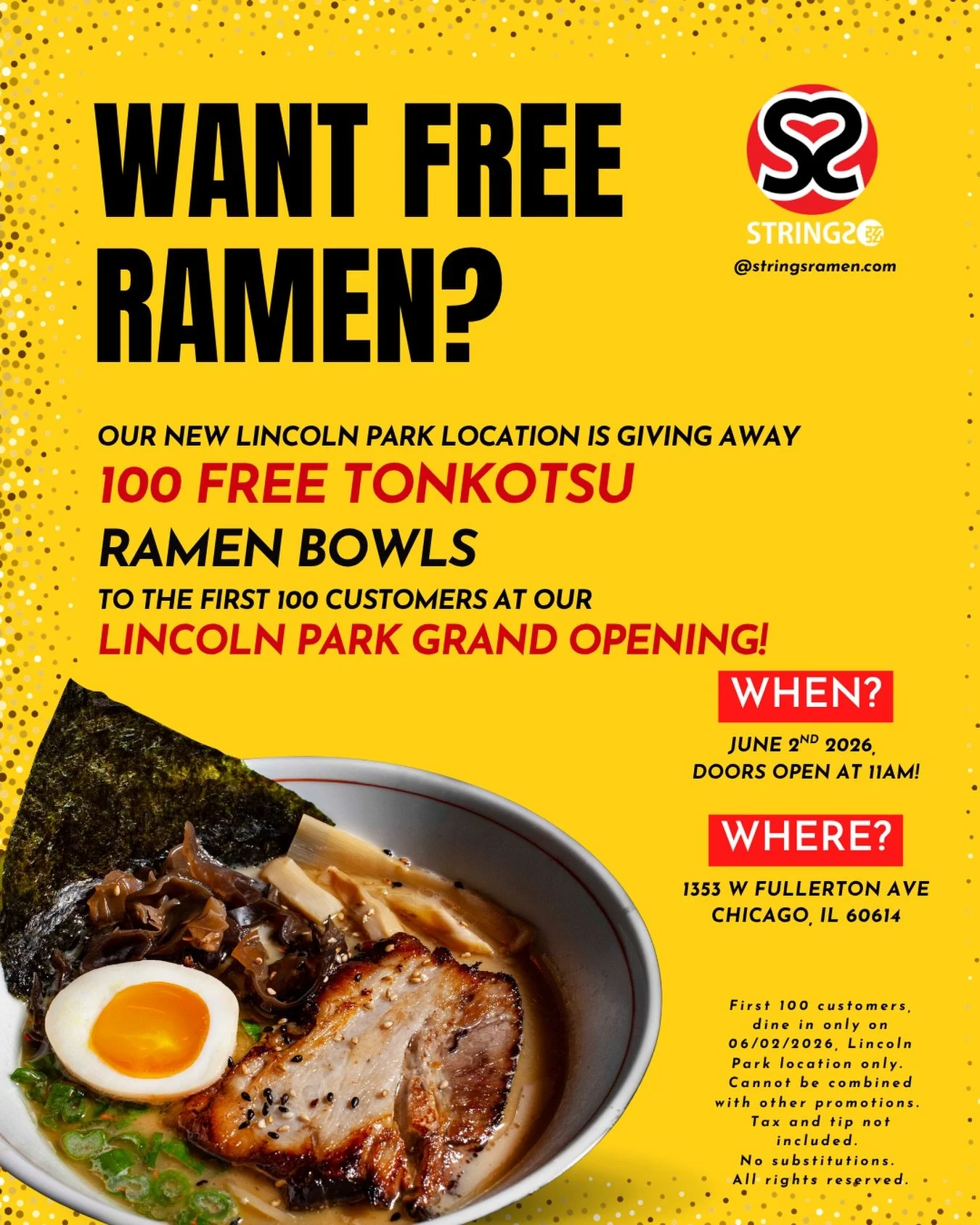 Good vibes, classic Japanese favorites, and FREE ramen? 🍜 🍜 🍜 
LINCOLN PARK GRAND OPENING &bull; June 2 @ 11AM
The first 100 guests get a FREE bowl of Tonkotsu Ramen &mdash; no catch, just ramen.
Come early, come hungry, and bring your ramen crew!