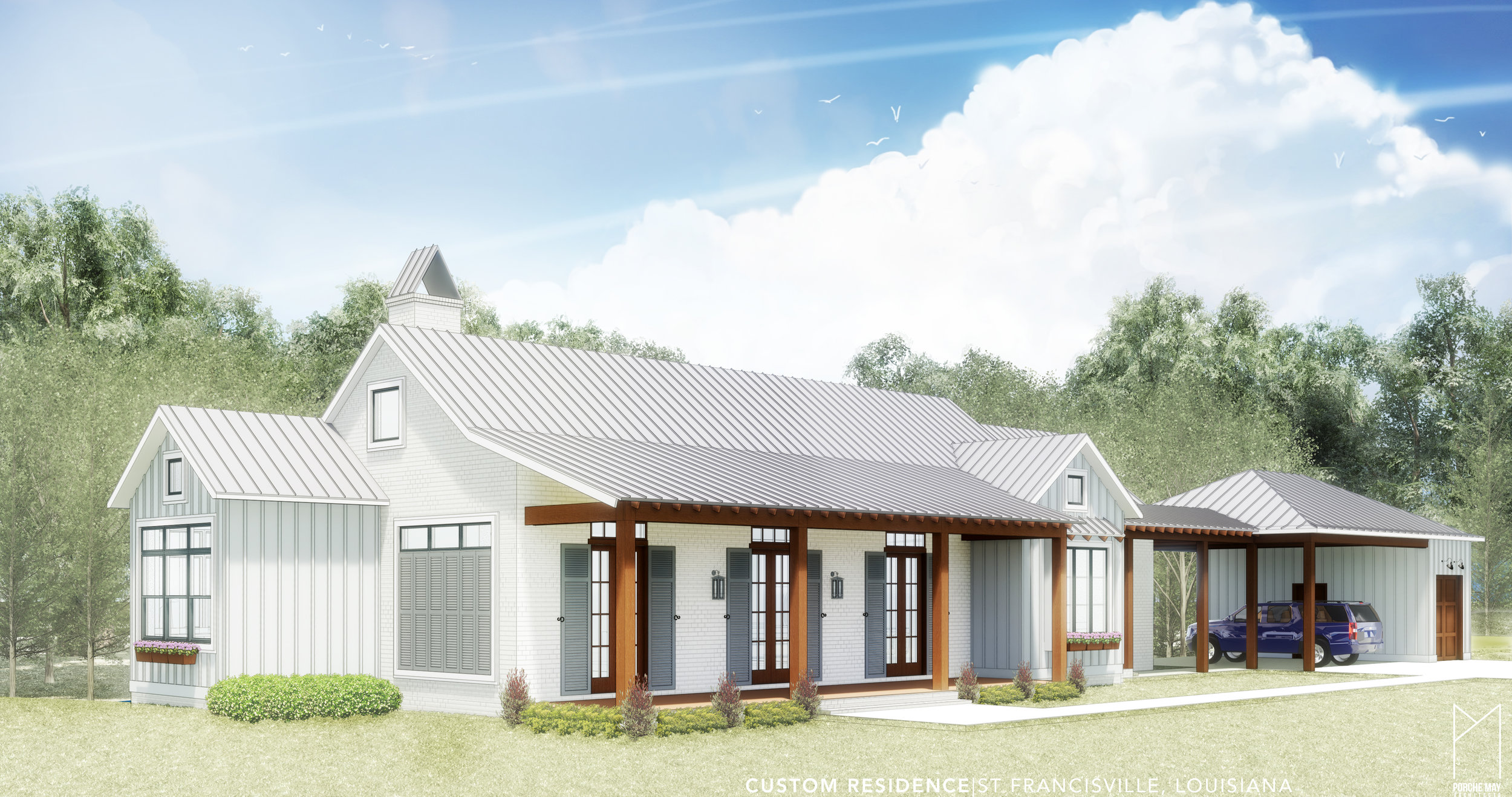  This Modern Farmhouse is located on a wooded lot in rural St Francisville, Louisiana.&nbsp; Rustic elements, including exposed timber beams throughout, meet contemporary design, such as full-height steel windows facing the rear yard, in this souther