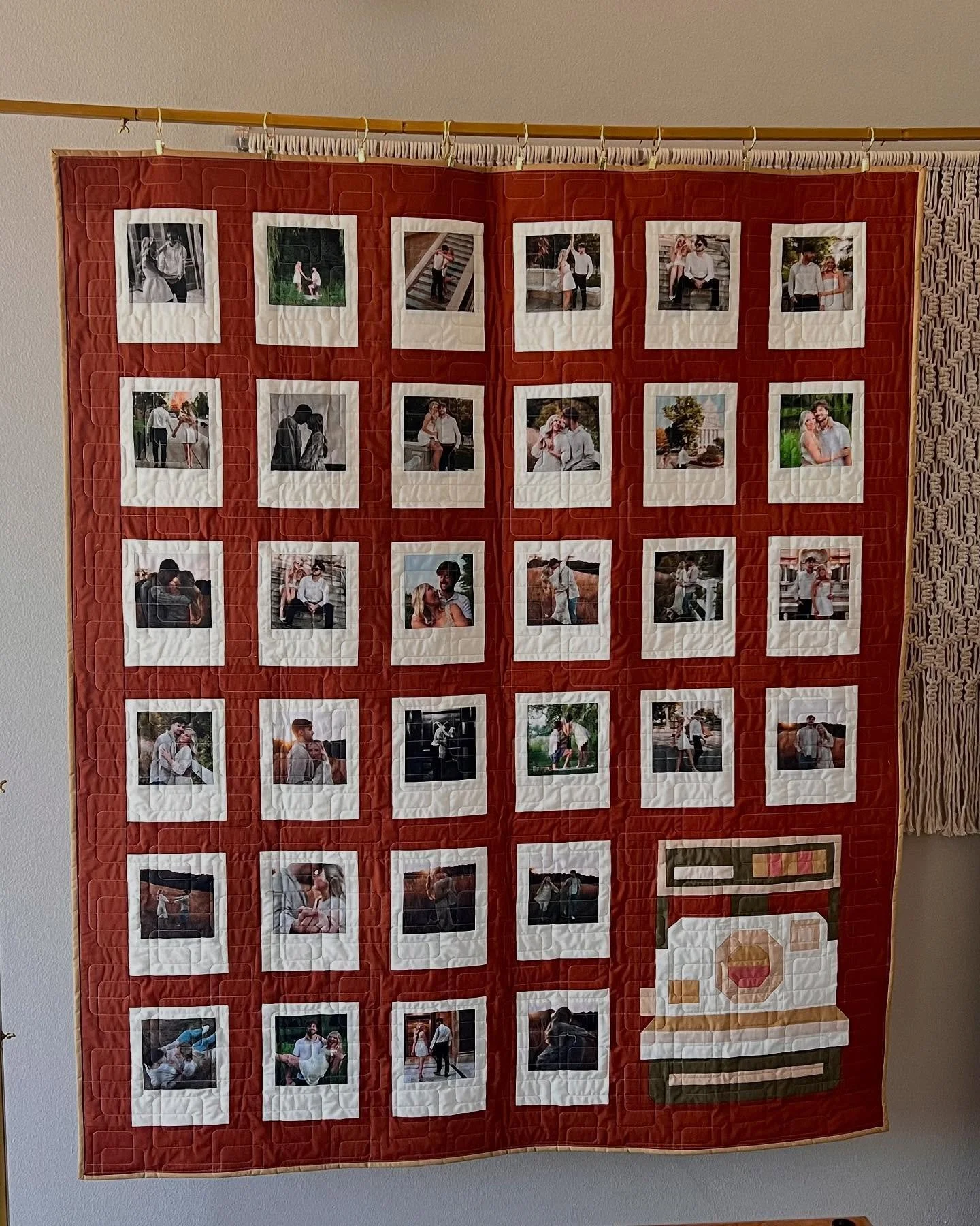 Anyas bridal shower quilt 2! I fell in love with @penandpaperpatterns Snap Happy quilt and wanted to use it to feature Anya and Michael’s stunning engagement photos from @simplefocusstudios! The photos are printed on fabric and then I pieced th