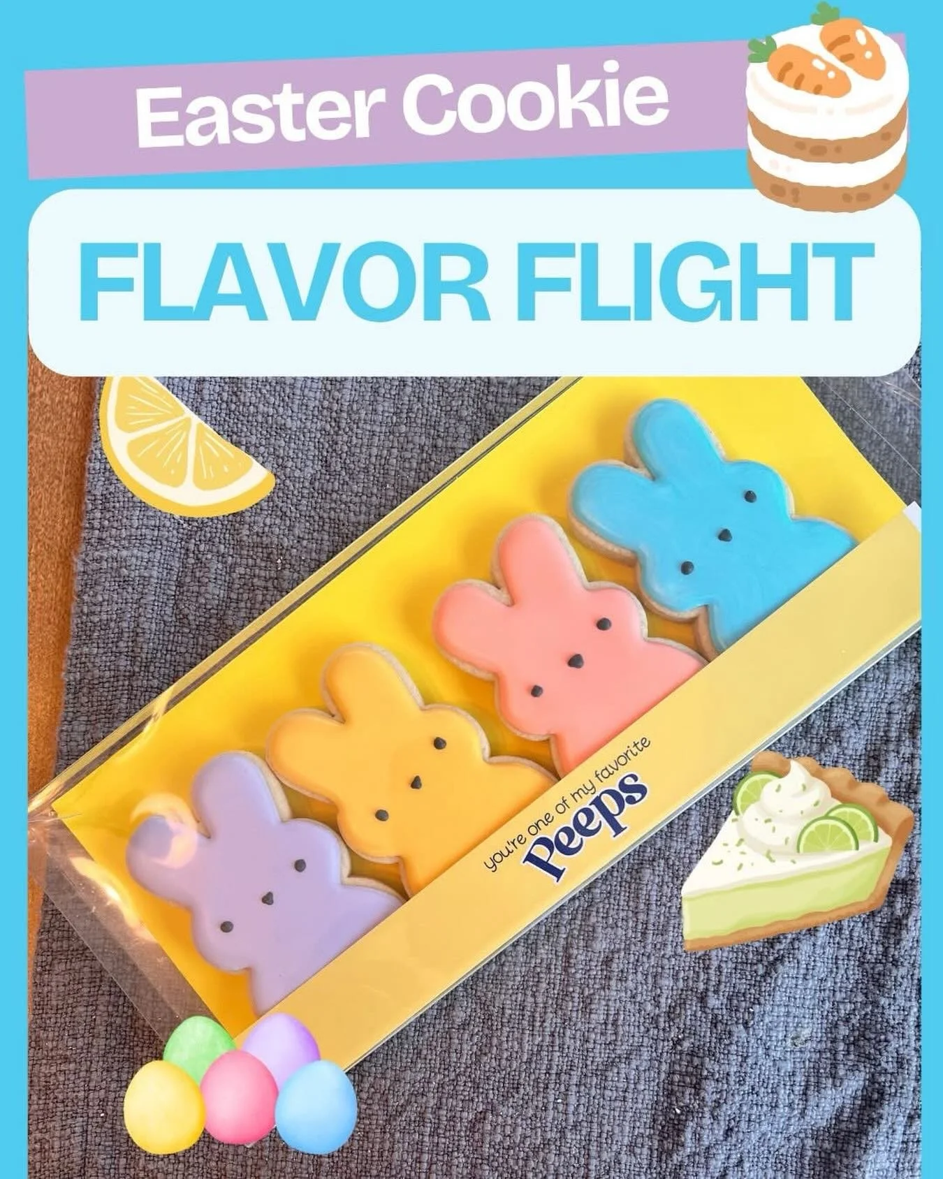 Something a little fun for Easter...

I put together a small &ldquo;cookie flight&rdquo; with a mix of seasonal flavors:
🥕 carrot cake
🍫 Cadbury egg
🍋 lemon
🍈 key lime

Perfect for sharing or just trying a little bit of everything! 1 cookie of ea