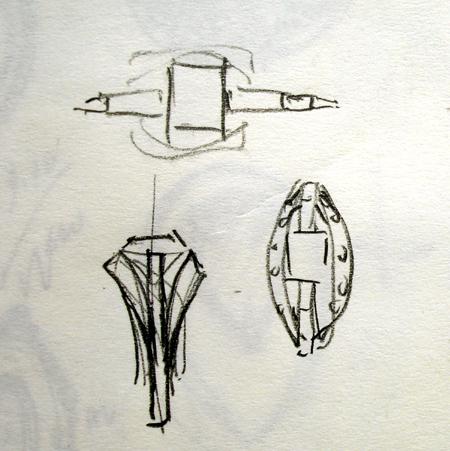 The design concept sketch, usually about as far as Igo with a 2D drawing before sketching in 3D.