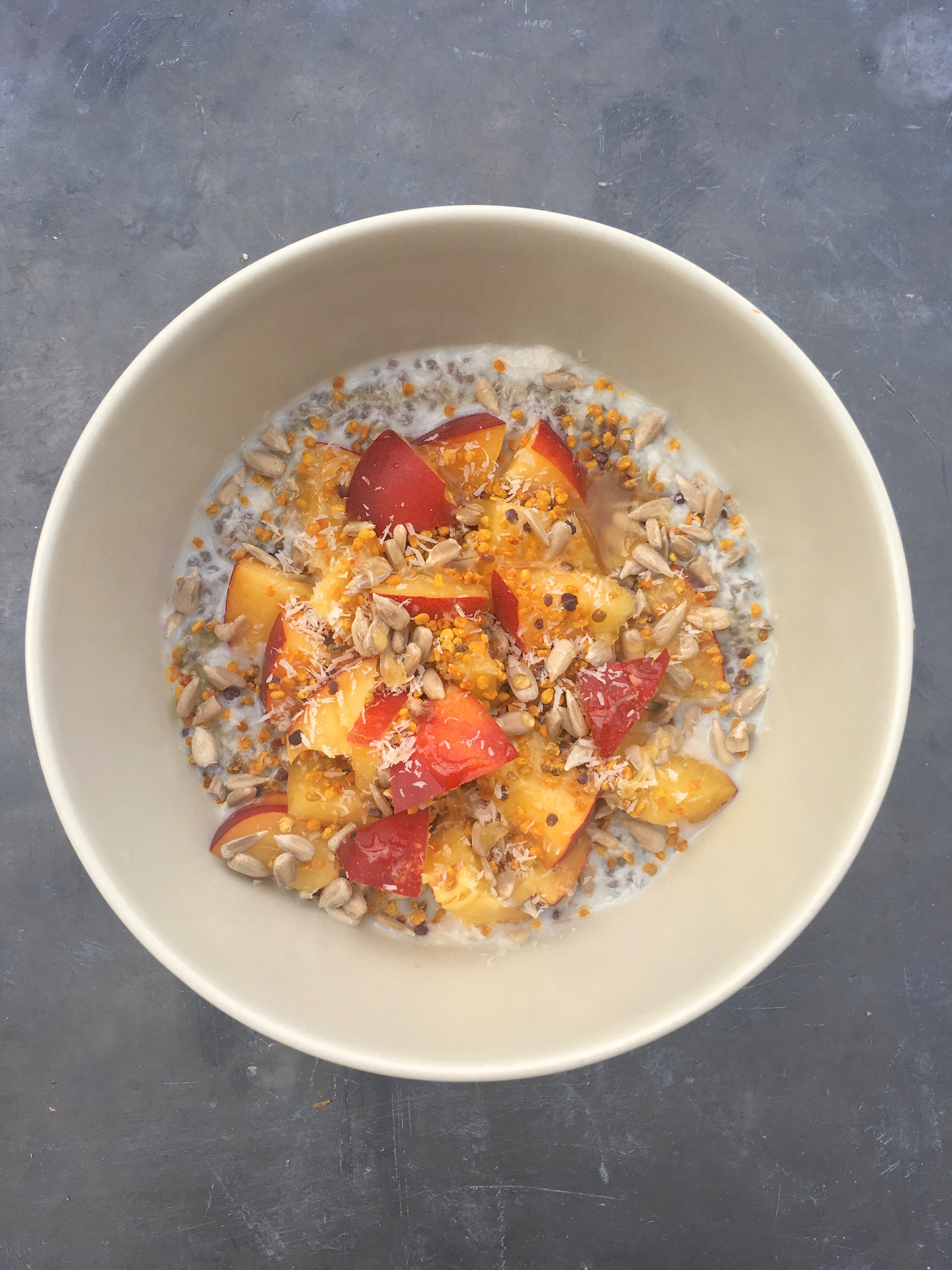 chia pudding with peaches and pollen