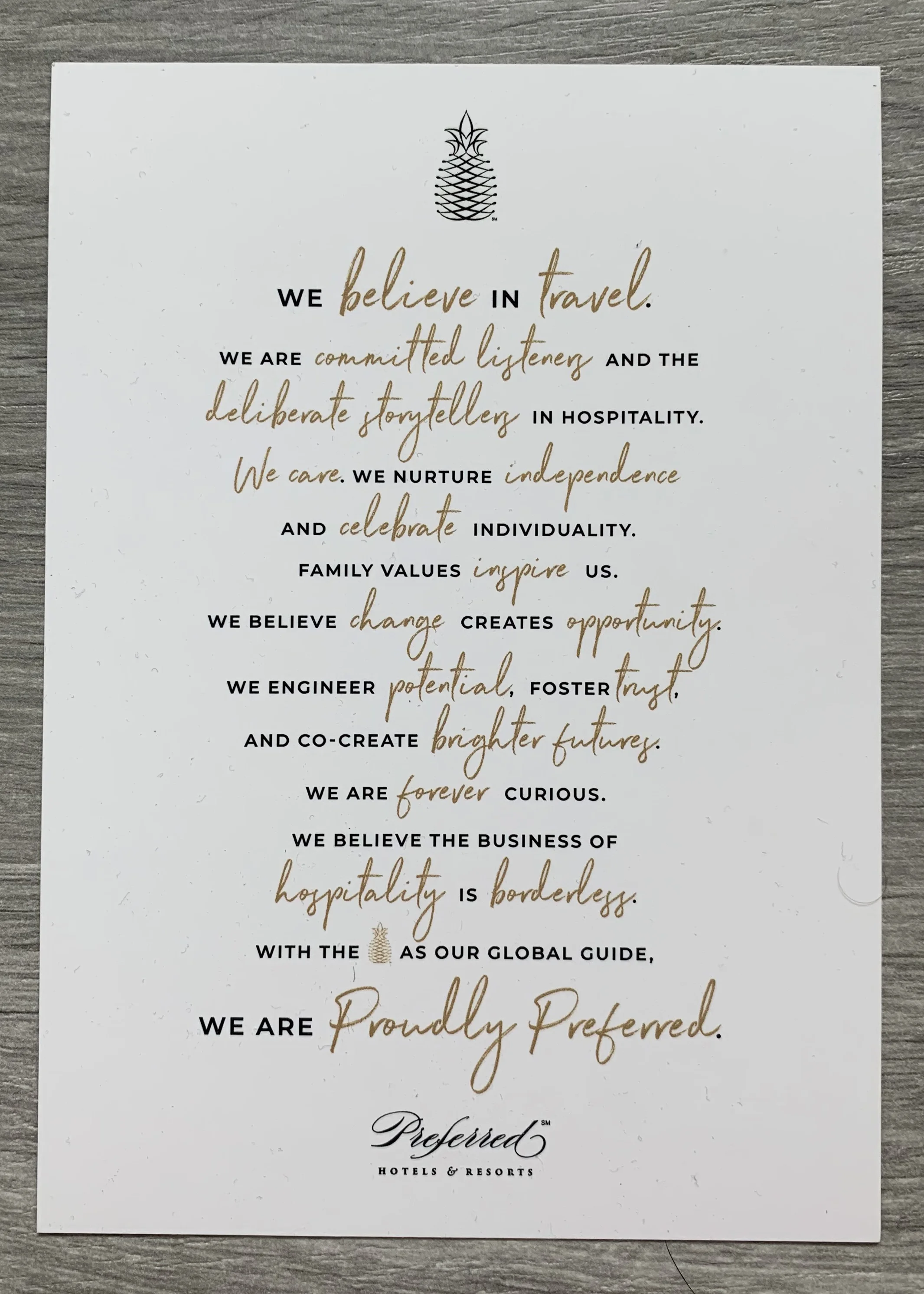  The postcard states the full ideology, with the “Believe in Travel” graphic on the back to match the other assets. It is printed on soft touch card stock for a luxurious feel. 