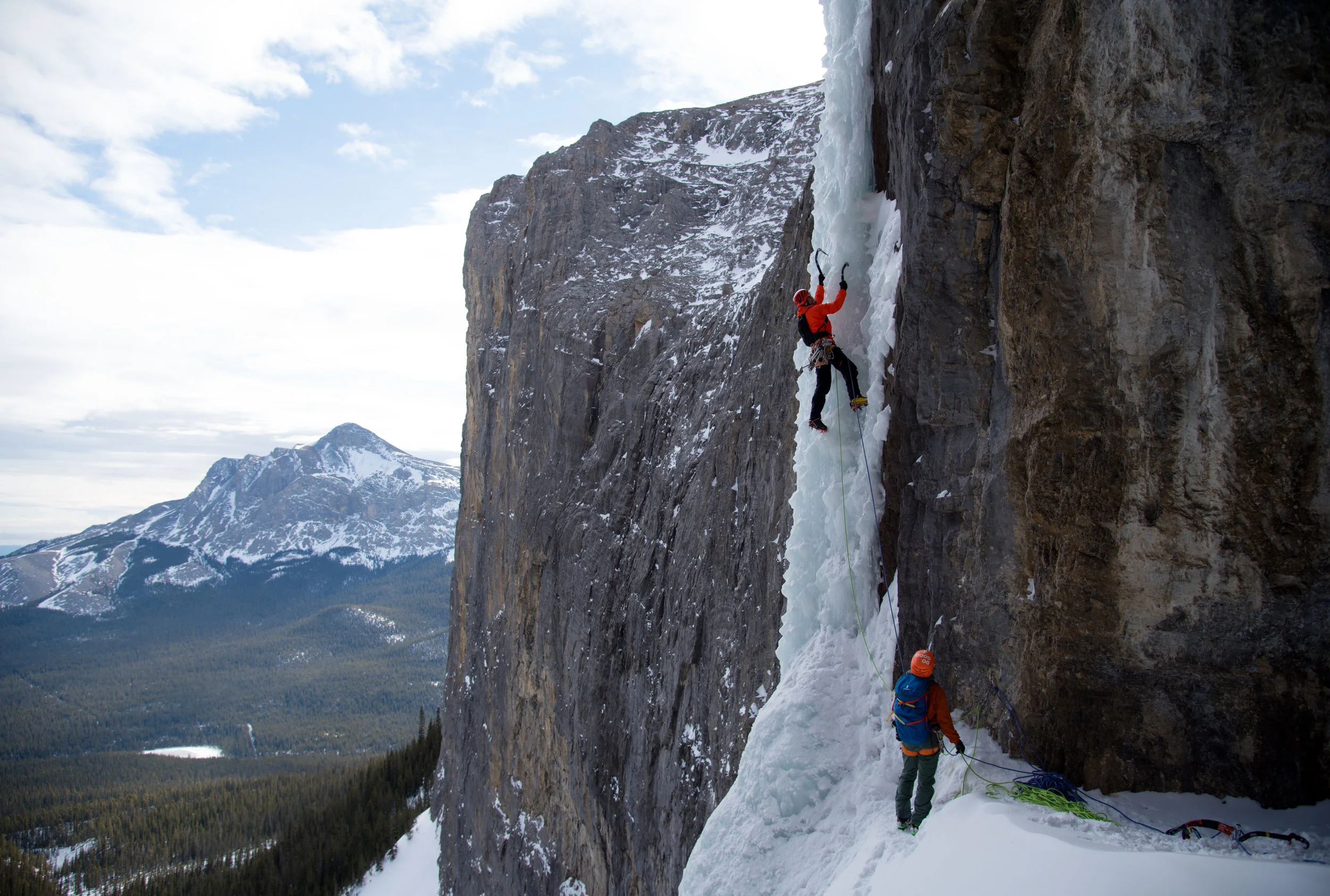 Chris belays Paul on Pitch 4, a full rope-length of WI 5.
