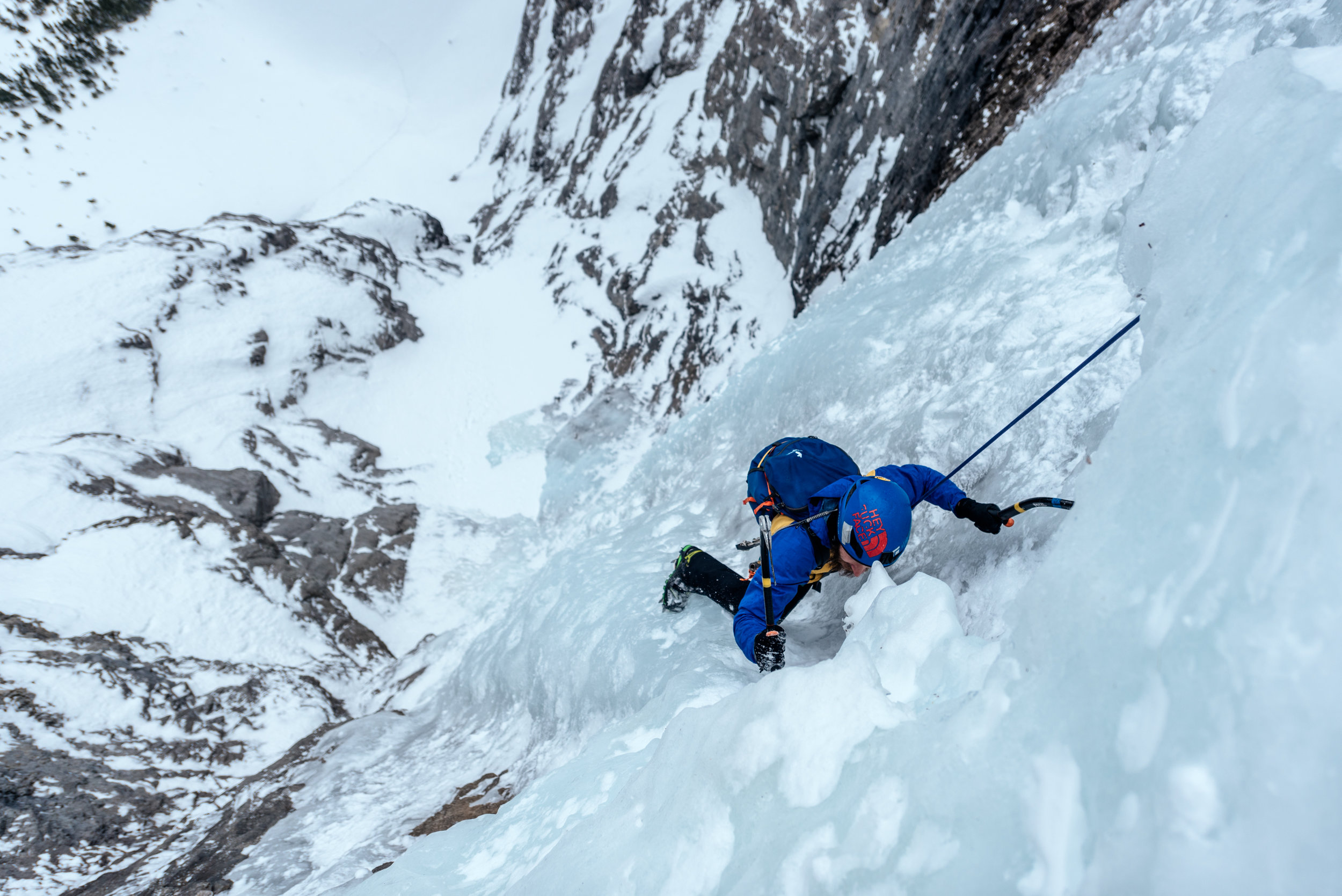 Christian preparing to climb around the first big bulge.