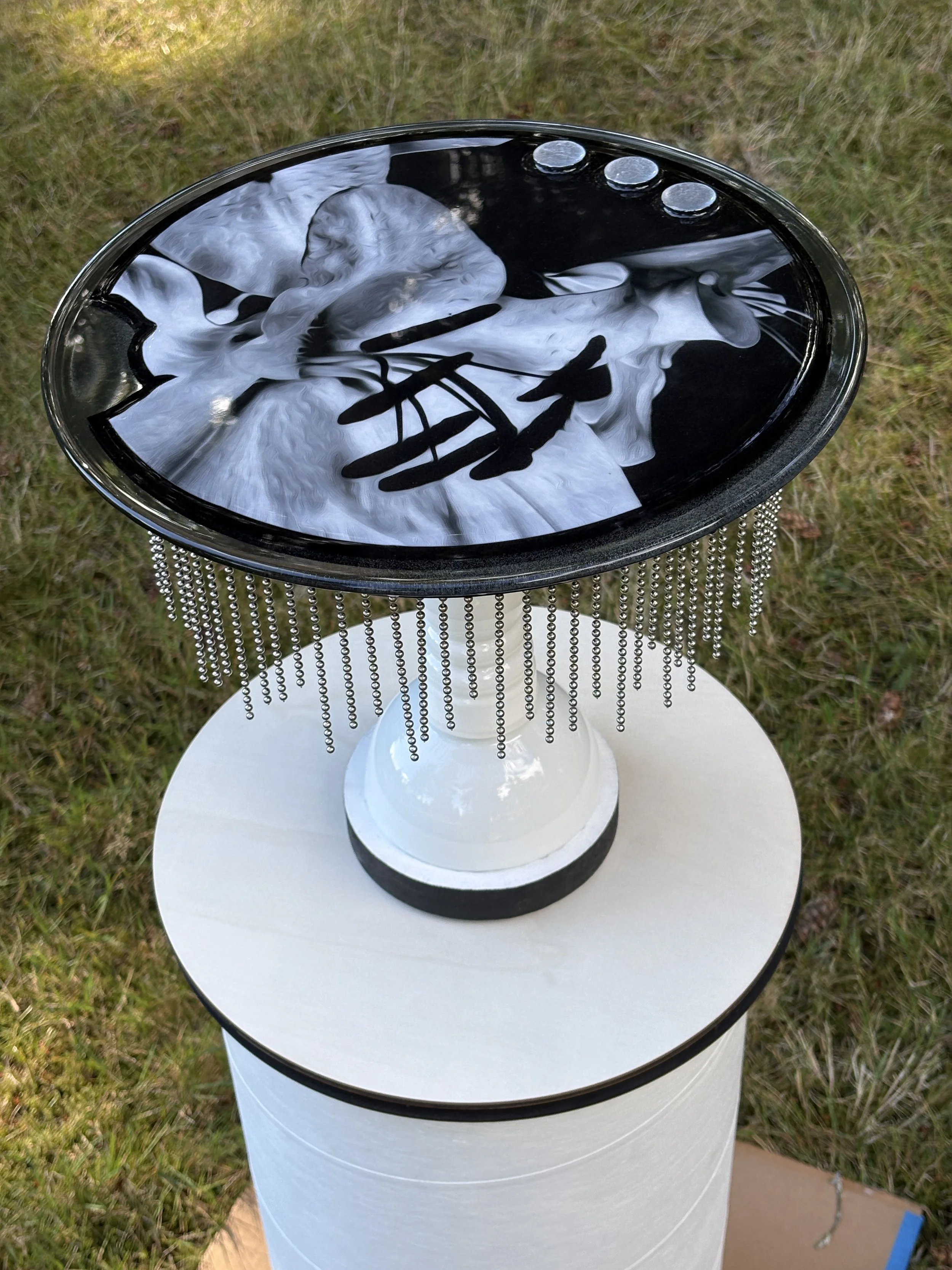 Black &amp; white Lily Topped sculpture - 12.5” tall, 14” diameter 
