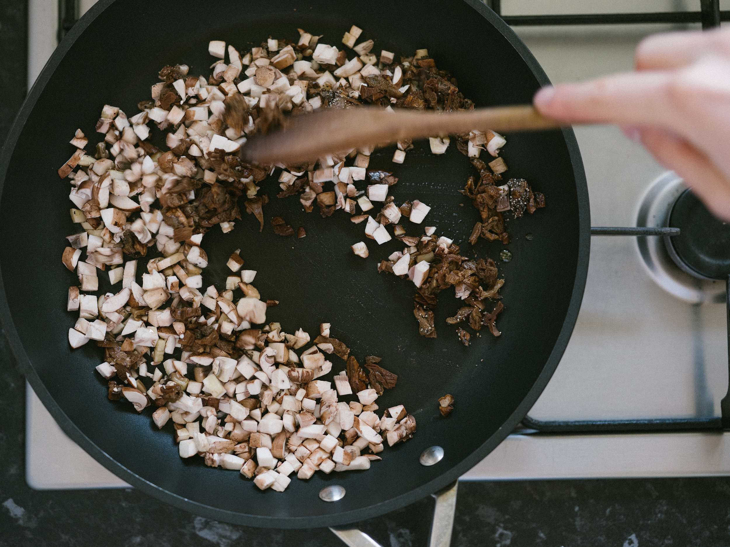 Make sure your mushrooms are dry before adding them to a pan. Wet mushrooms result in soggy, sad pieces rather than crispy and brown.