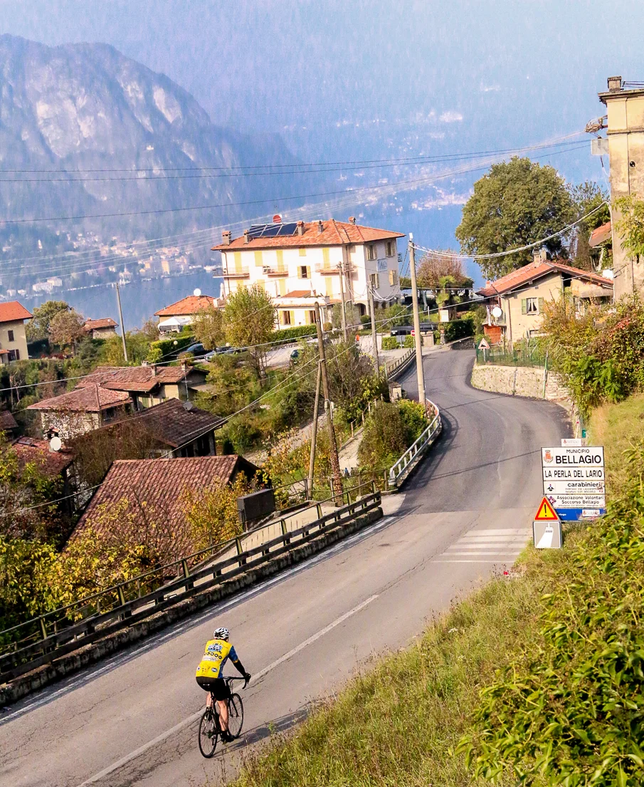 The view of the hotel and iconic Ghisallo climb that has been photographed with cyclists for nearly a century.