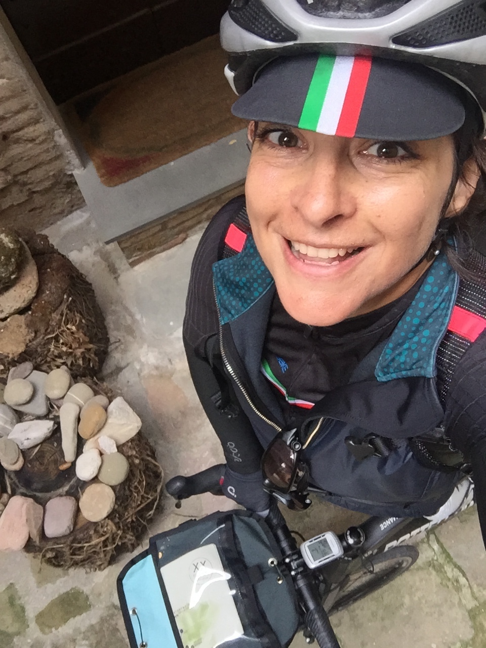 Have Bottecchia, will travel. Jill and her bike returning from the pilgrimage from Perugia to Assisi!