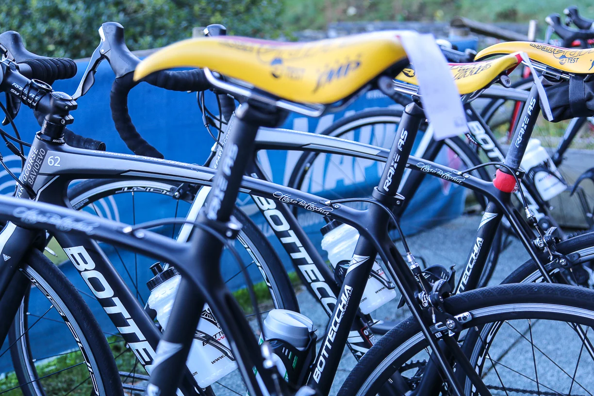 The fleet of carbon fiber Bottecchia bikes waiting to go out on a ride with their guests.