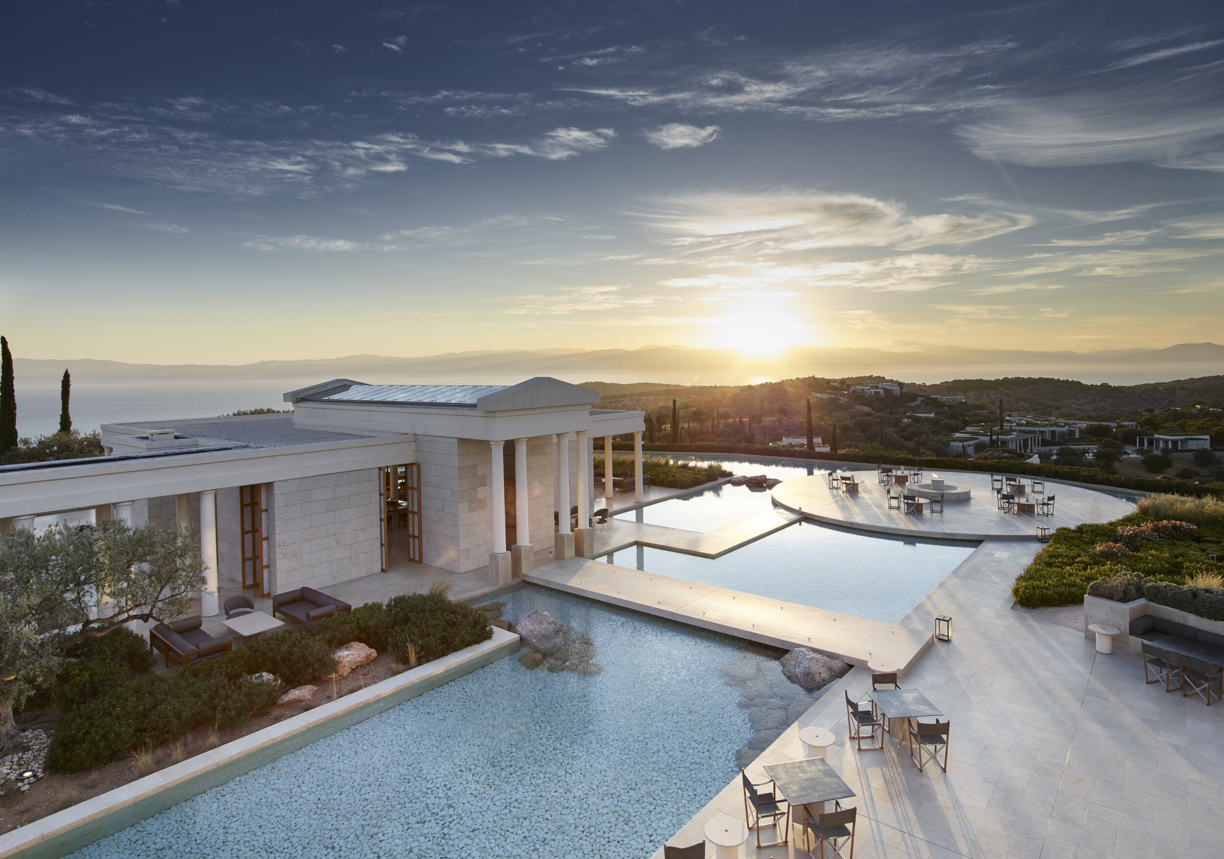 Amanzoe, Greece - Bar, Fire pit, View, Sunset, Aerial_High Res_16243.jpg