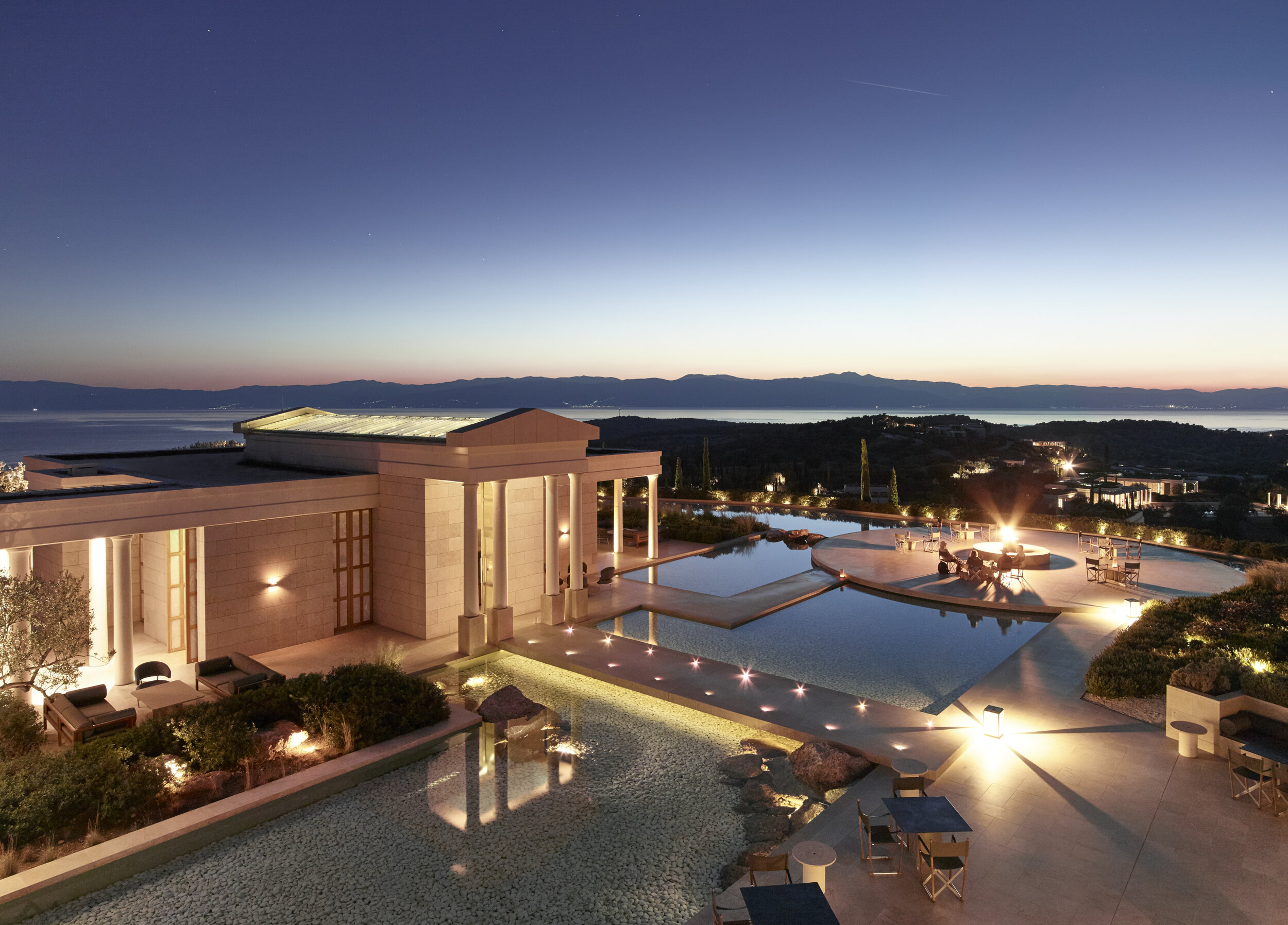 Amanzoe, Greece - Bar, Fire pit, View, Sunset, Aerial_High Res_16245.jpg
