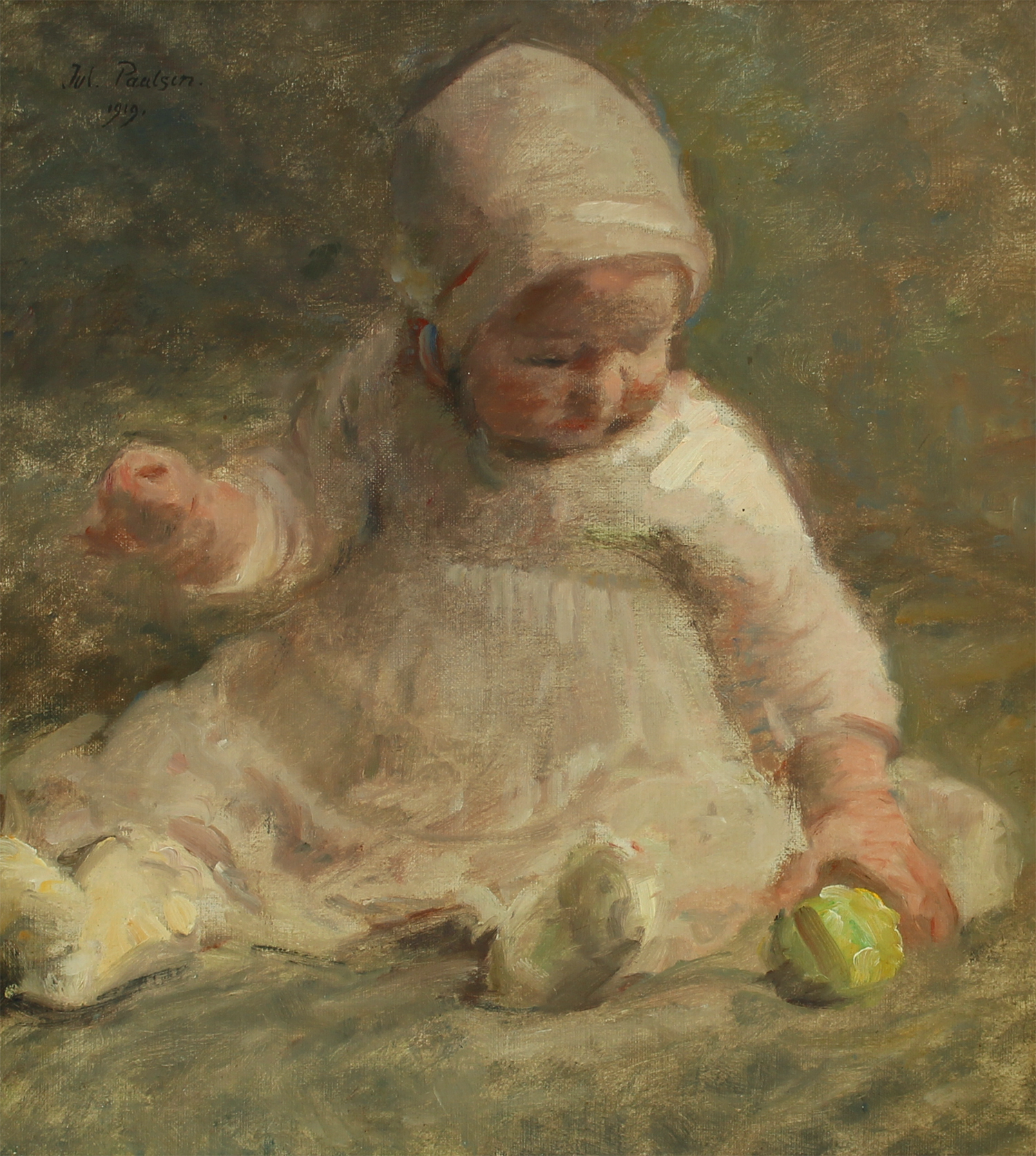 Julius Paulsen (Danish 1860-1940) 'A Little Girl Is Playing With a Green Apple'