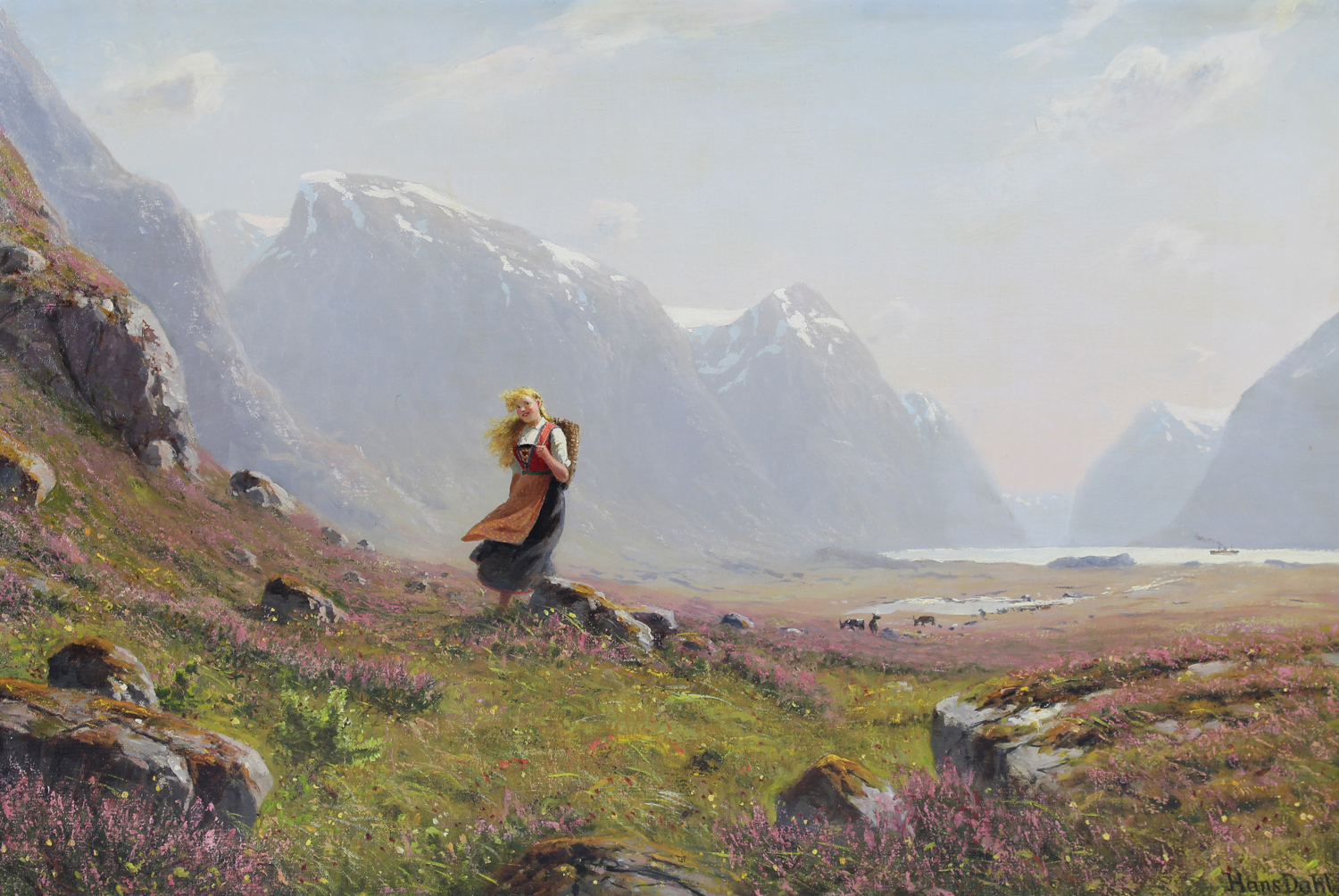 Hans Dahl (Norwegian 1849-1937) 'Young Girl on a Summer Alpine Stroll' 