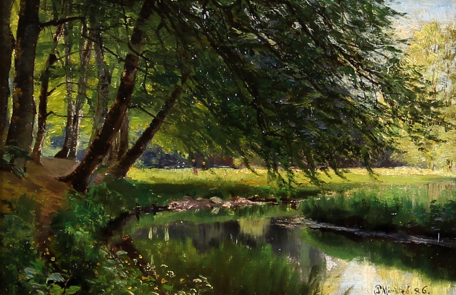 Peder M. Monsted (Danish 1859-1941) 'Summer Scenery with a Family Relaxing near a Serpentine Stream'