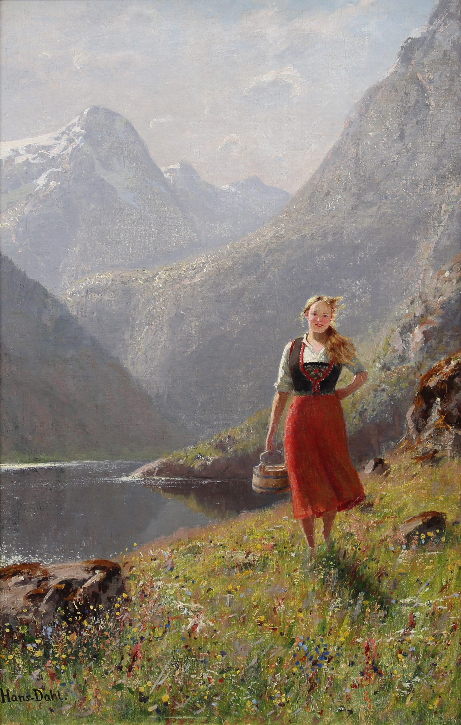 Hans Dahl (Norwegian 1849-1937) 'A Young Girl with a Basket in the Mountains'