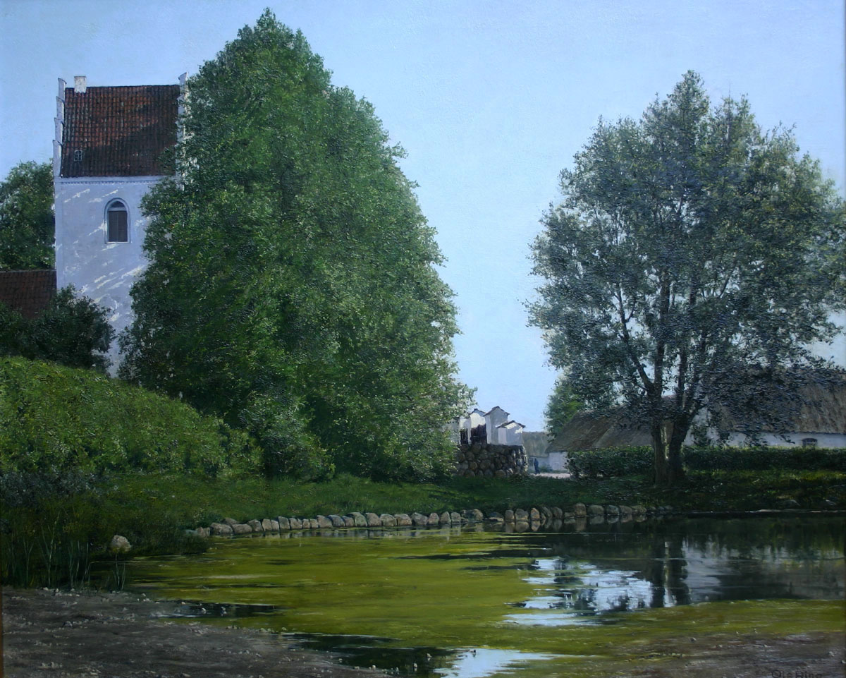 Ole Ring (Danish 1902-1972) 'View of Flong Church from the Town's Fire Pond'