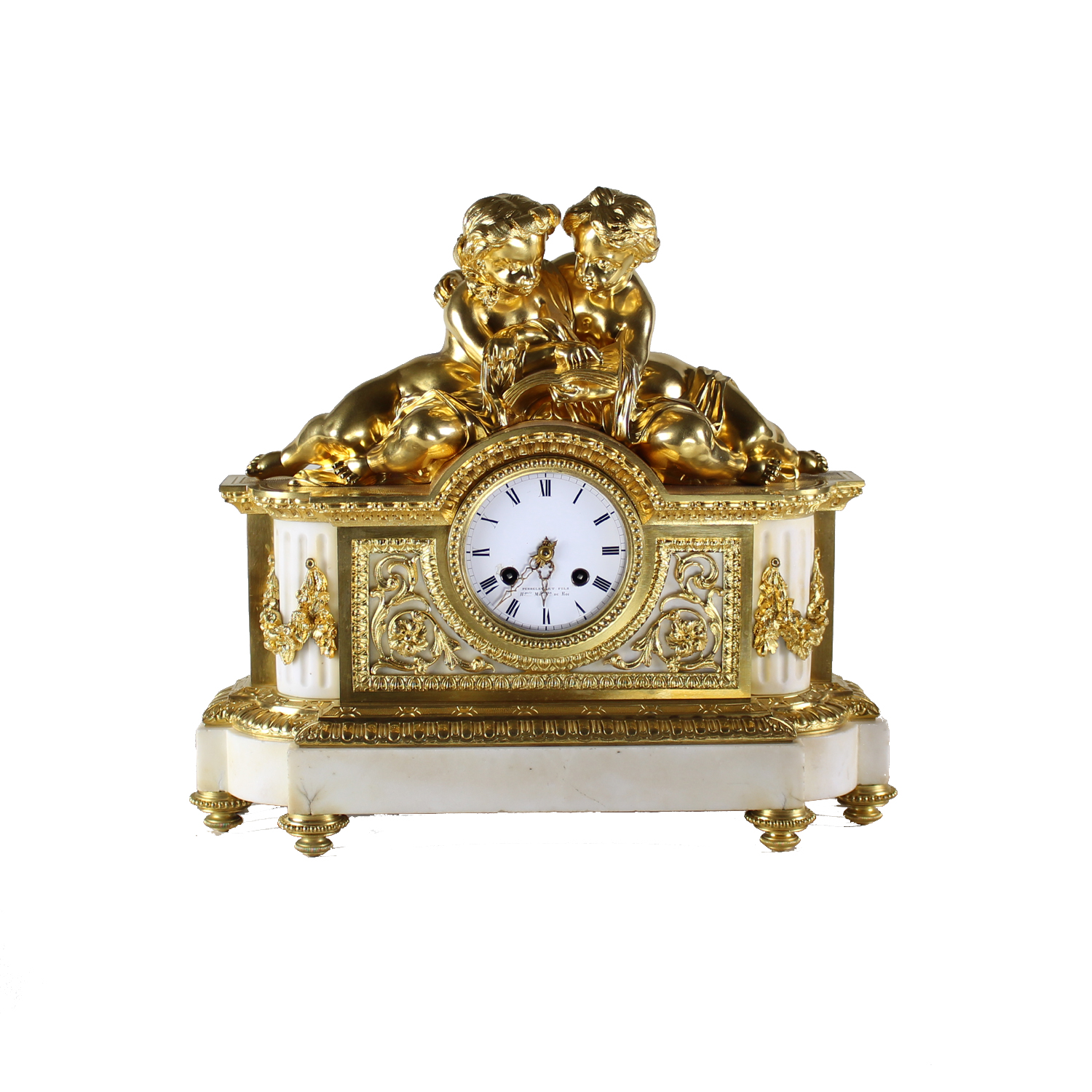 French Gilt Bronze and White Marble Clock, Circa 1850