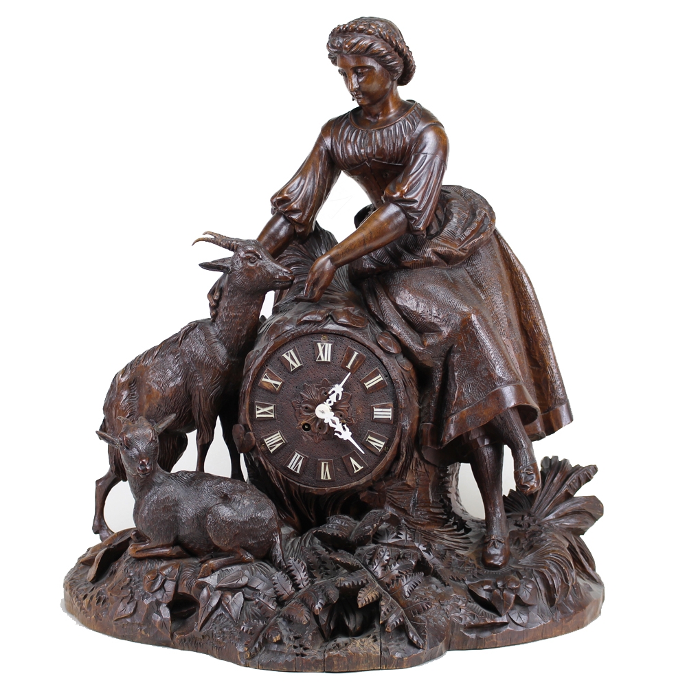 Black Forest Carved Wooden Mantel Clock, German Circa 1890