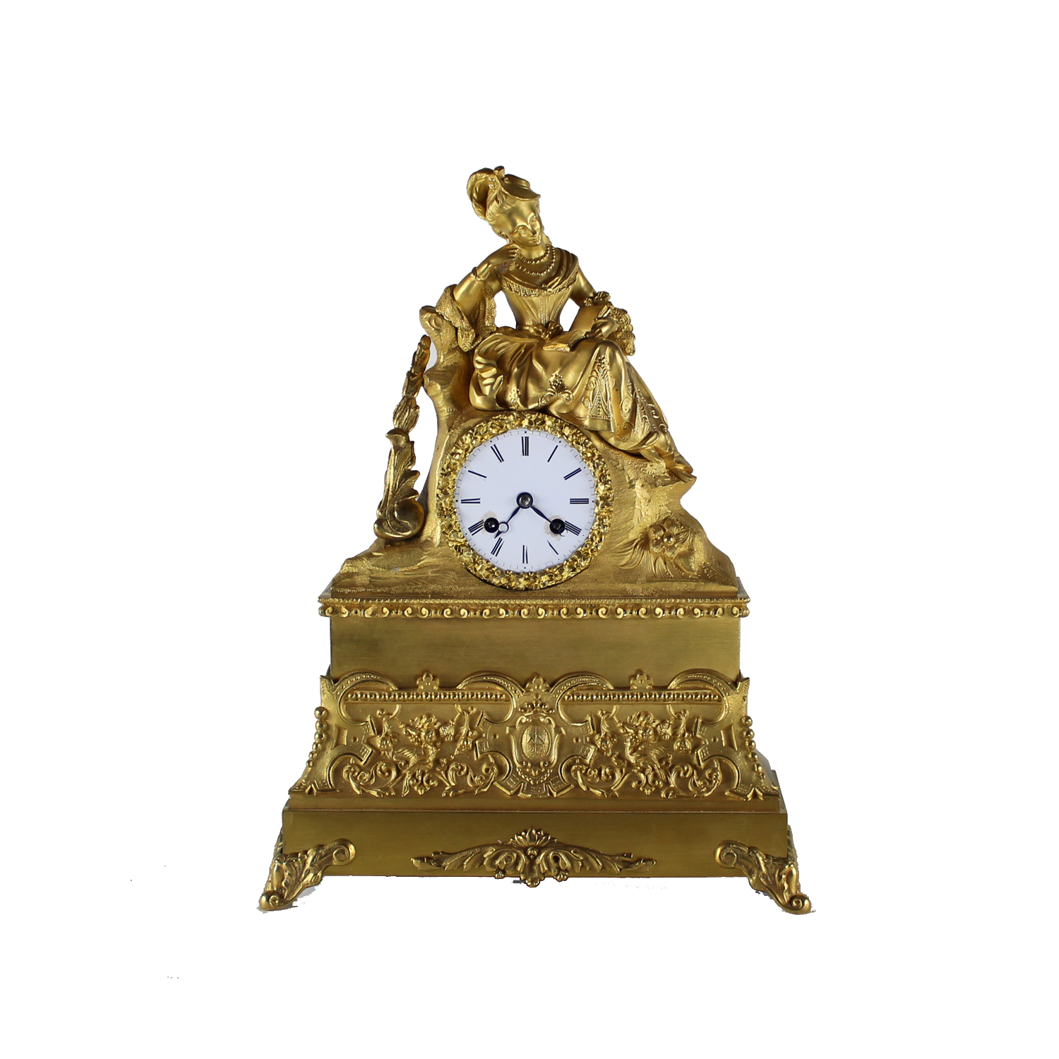 French Ormolu Clock Depicting a Lady in Court Dress Reading a Book, Circa 1860