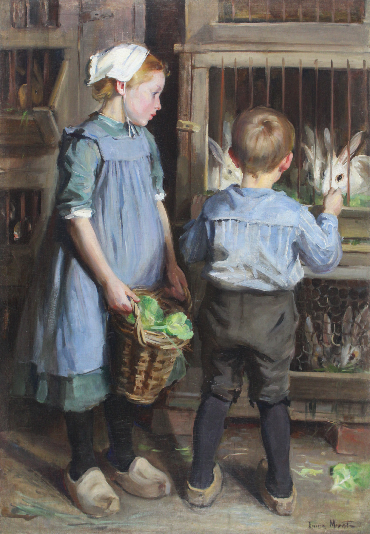 Laura Muntz Lyall (Canadian 1860-1930) 'Children Feeding the Rabbits'