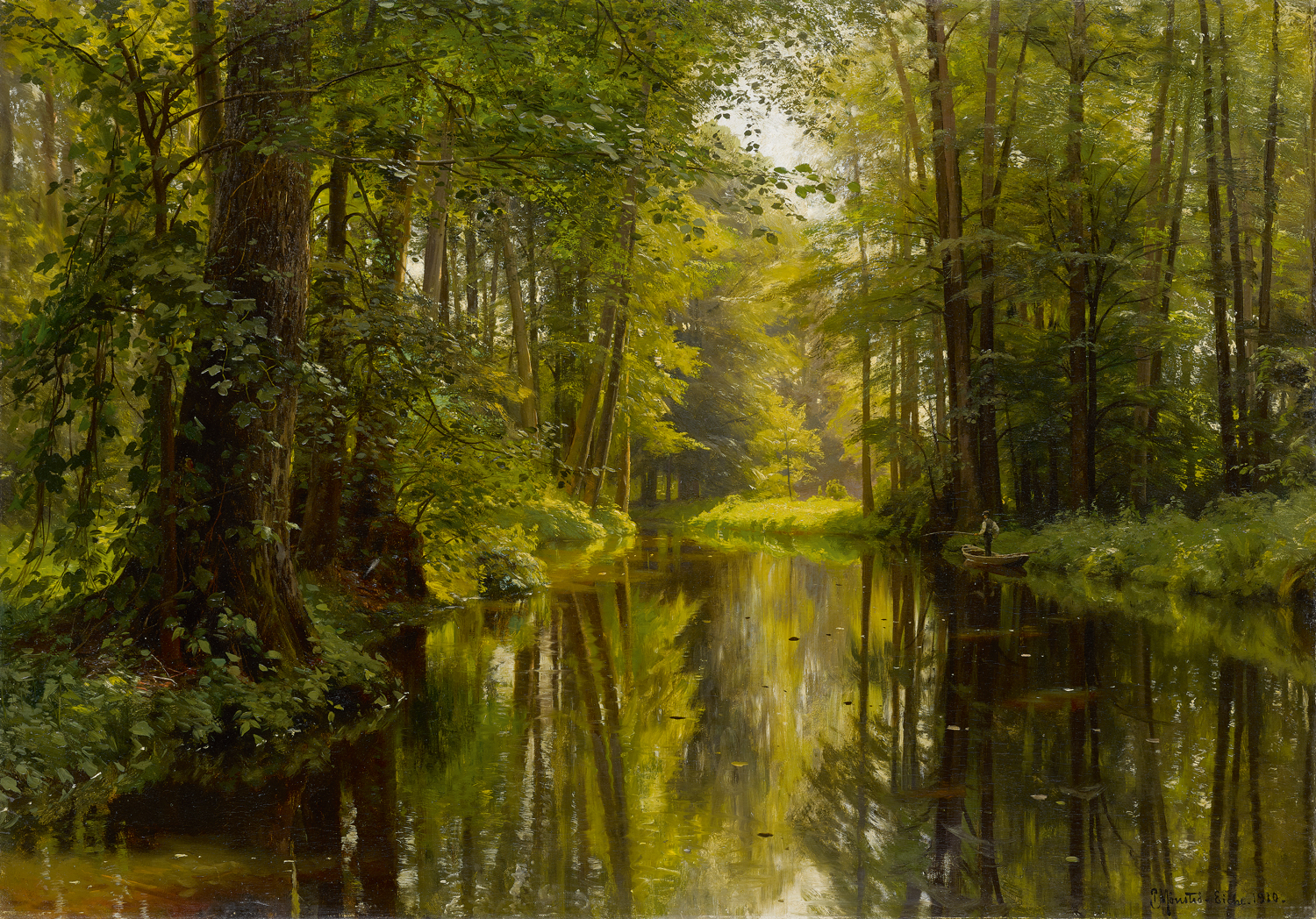 Peder M. Monsted (Danish 1859-1941) 'Fishing from a Punt'