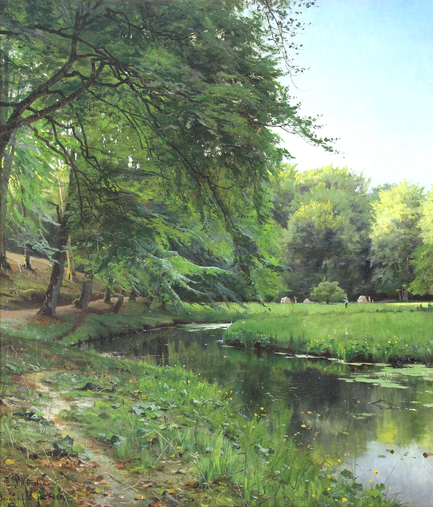 Peder M. Monsted (Danish 1859-1941) 'A Clearing in The Forest at a Stream with Harvest Workers'