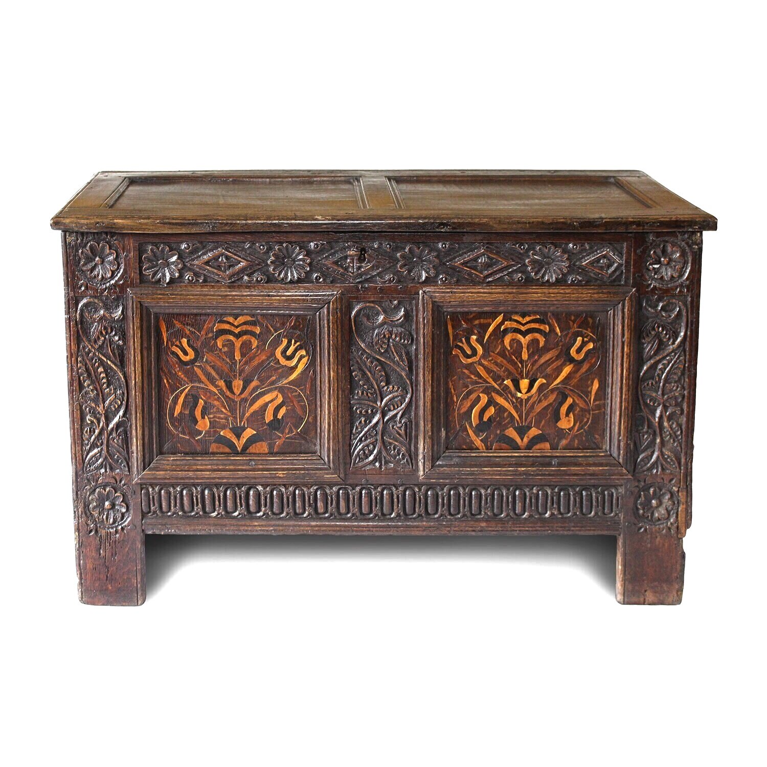 English Oak Lidded Coffer with Original Tulip Inlay and Carving, 17th Century