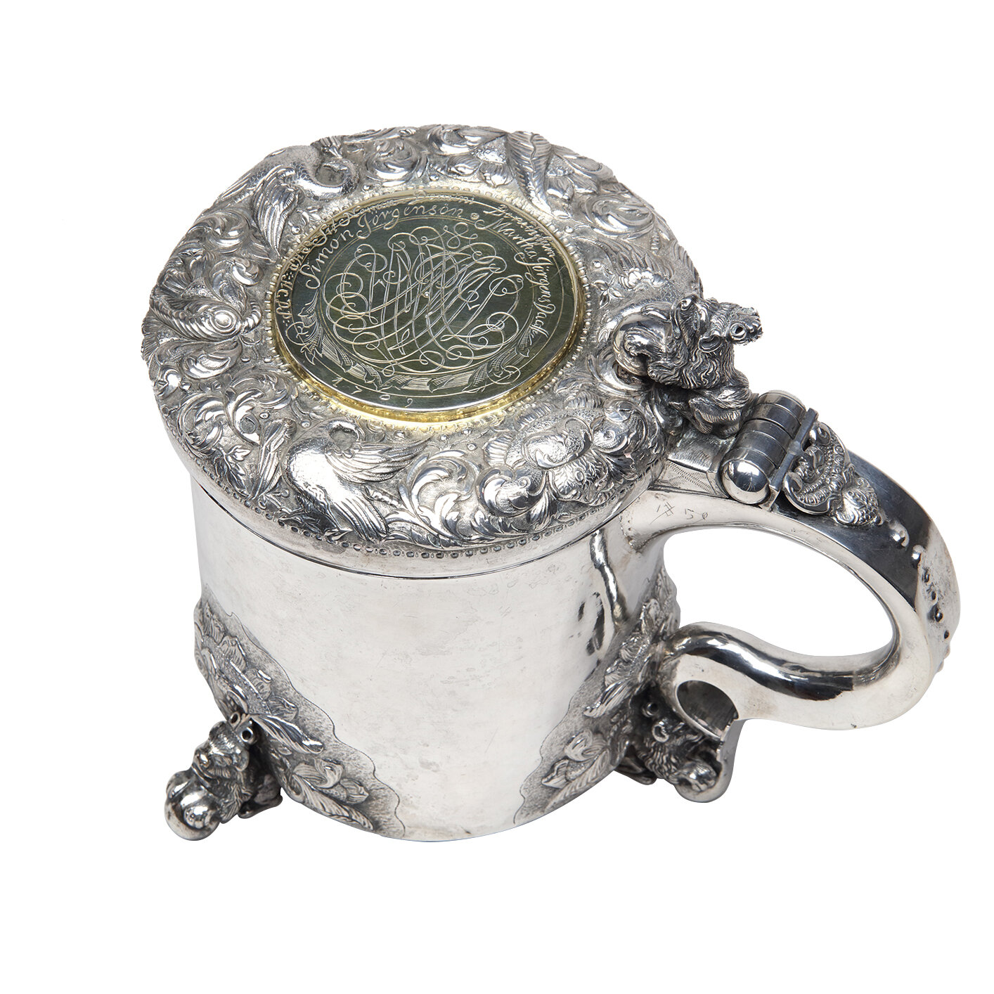 Norwegian Silver and Gilt Lidded Tankard, 1709, Maker Jens Joensen Erland, Skien  