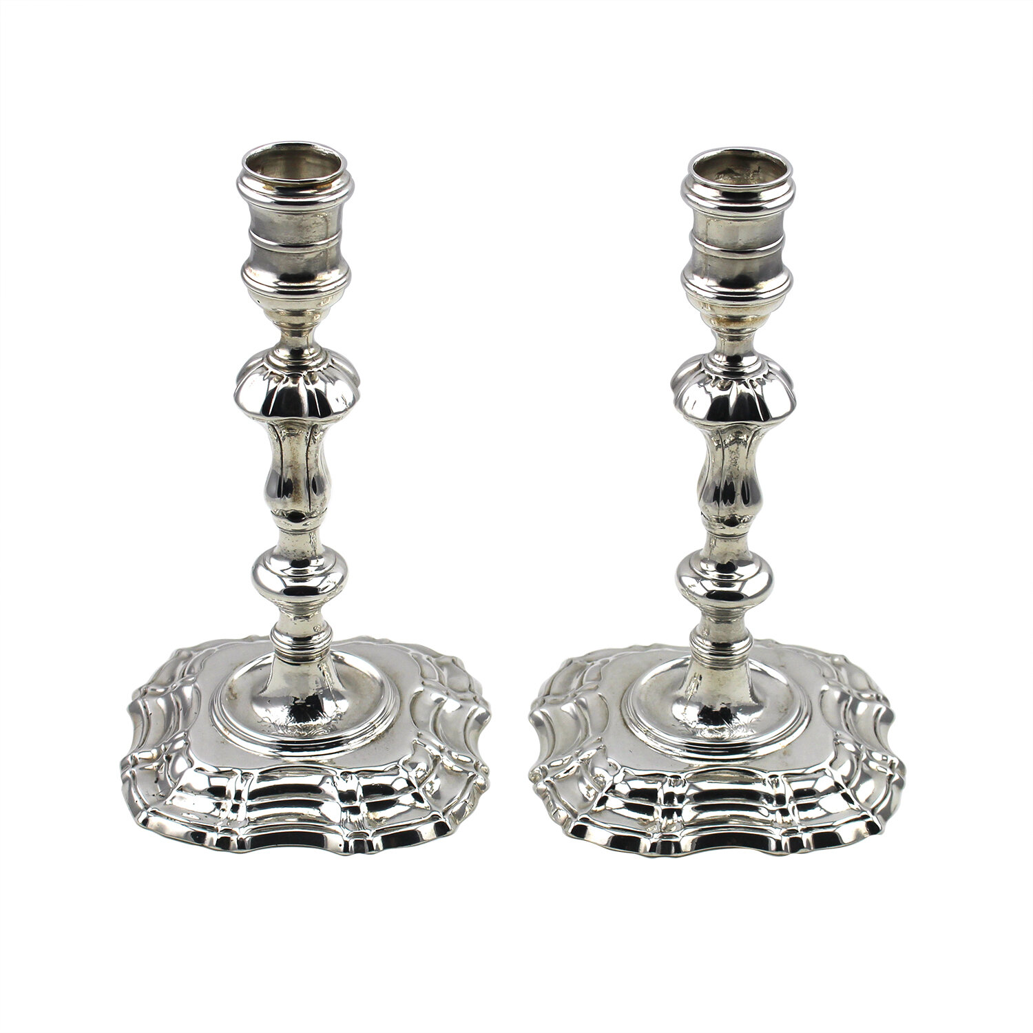 Pair of George II Cast Sterling Silver Candlesticks, London 1744, Maker GH 