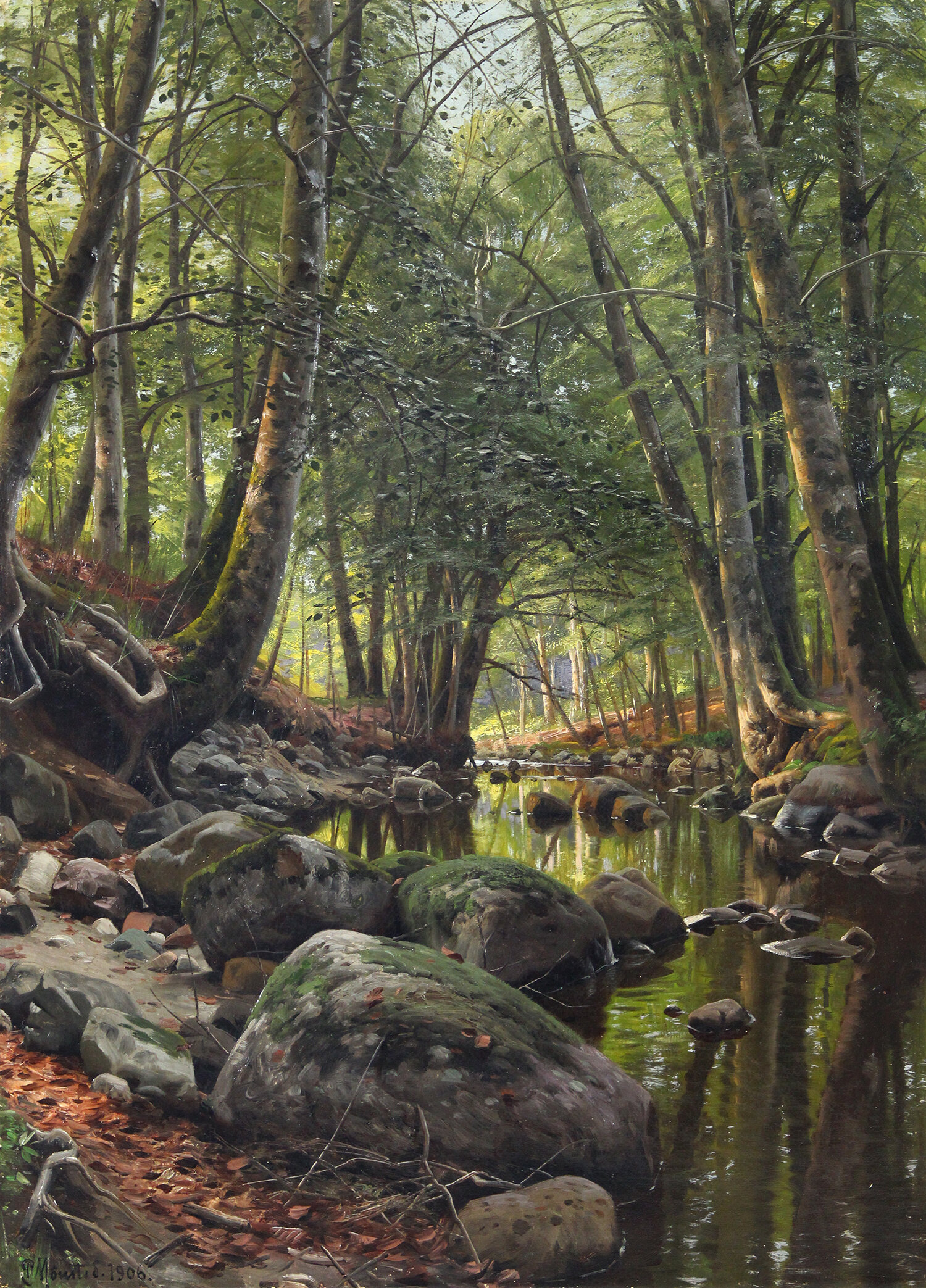 Peder M. Monsted (Danish 1859-1941) 'Peaceful Water, Beech Forest'