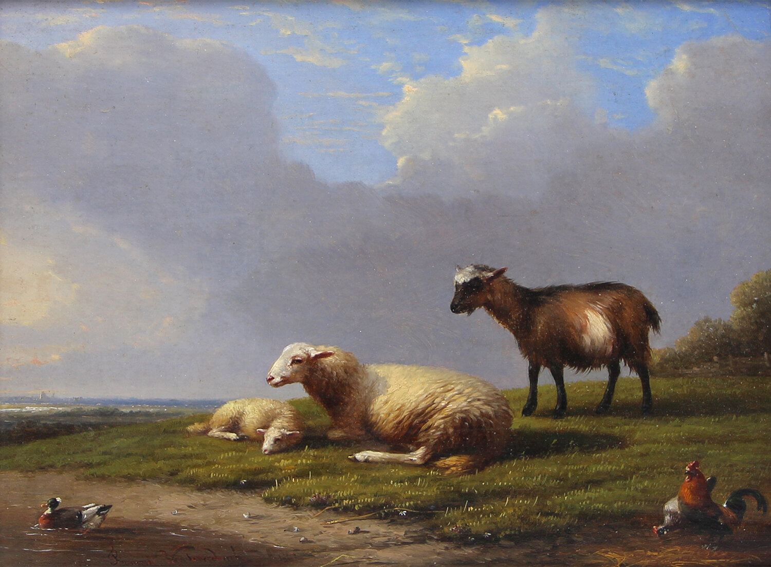 François Van Severdonck (Belgian 1809-1889) 'Sheep and Goat in Landscape with Chickens and Duck'