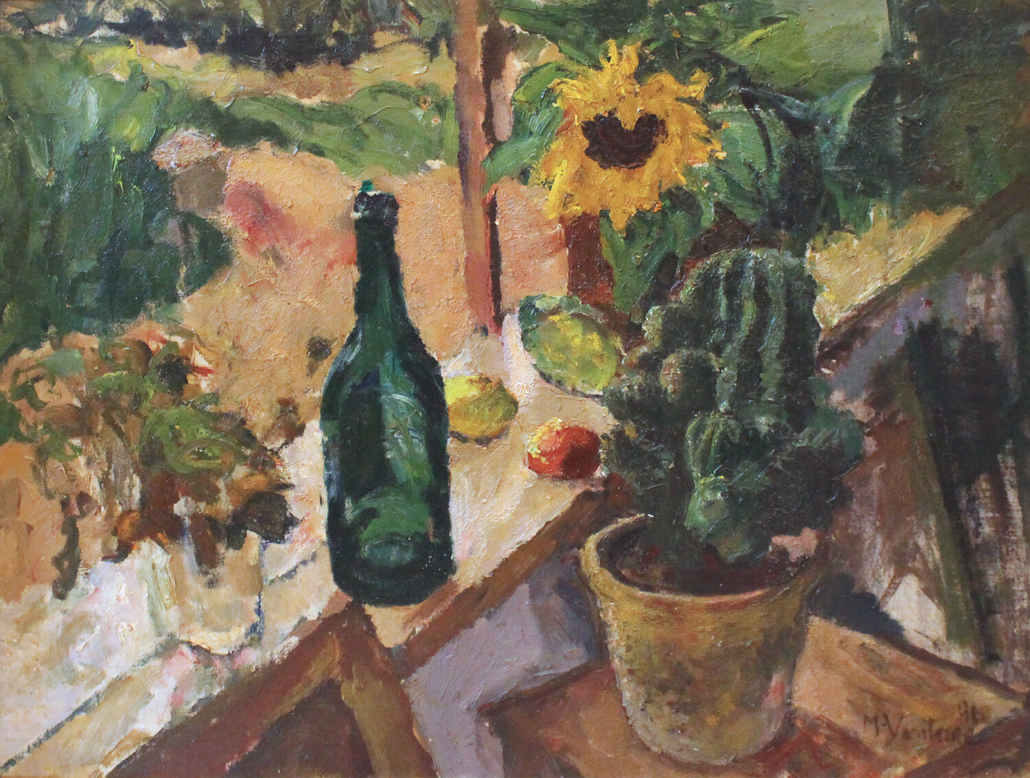 Mogens Vantore (Danish 1895-1977) 'Still Life with Plants, Sunflower and Bottle'