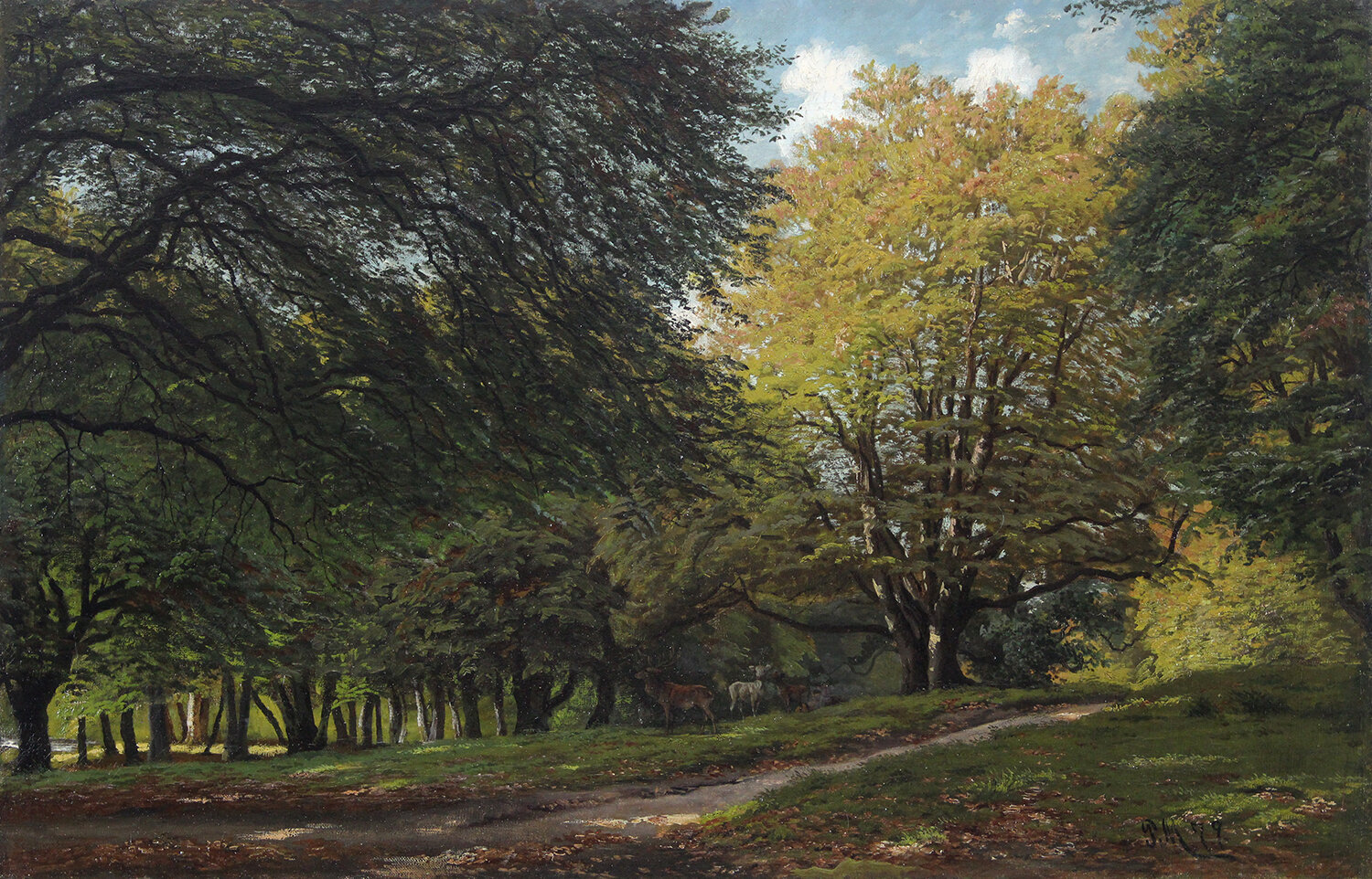 Peder M. Monsted (Danish 1859-1941) 'A View of a Forest Glade with Deer in Dyrehaven Park'