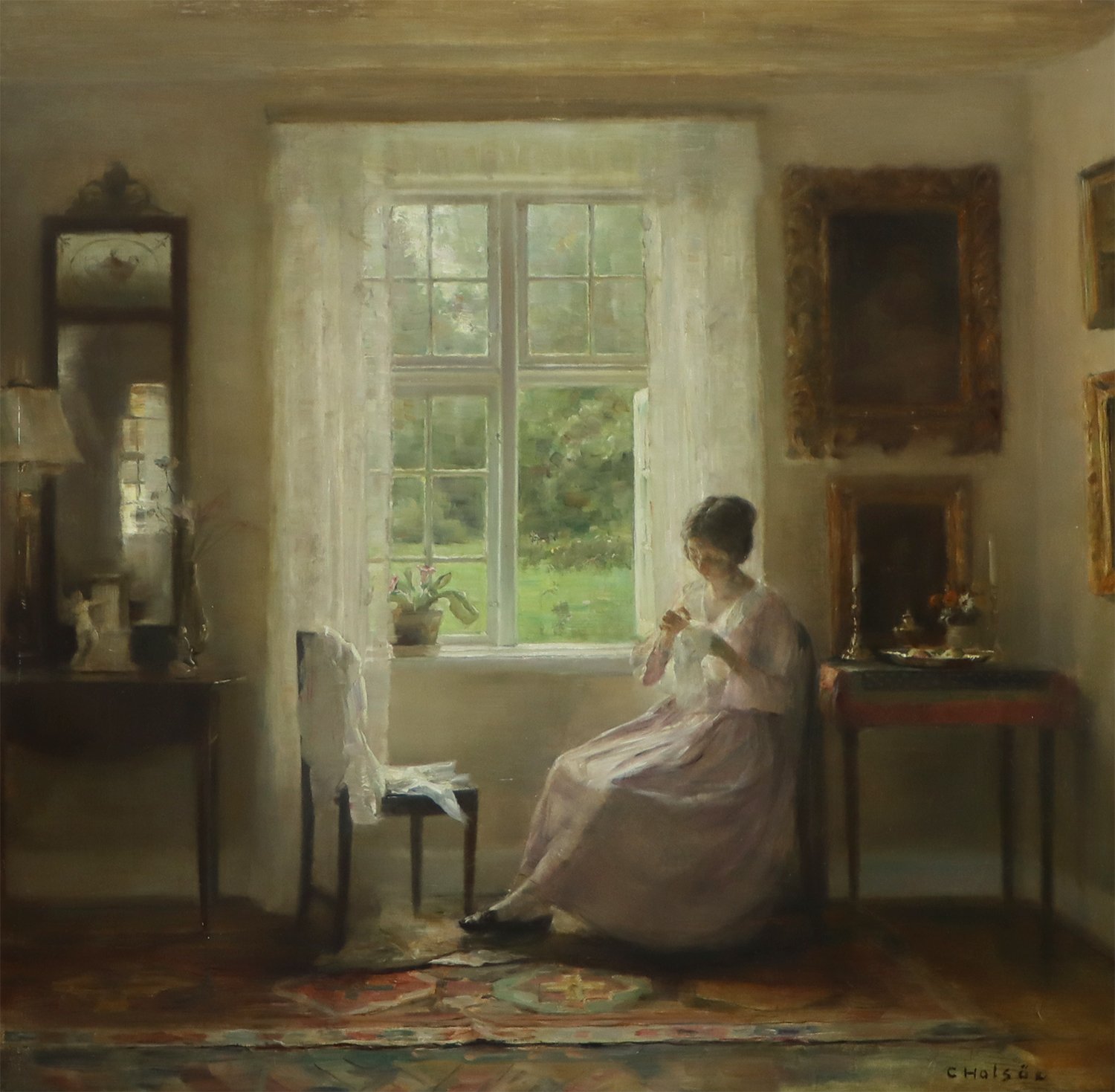 Carl Vilhelm Holsoe (Danish 1863-1935) 'Portrait of the Artist's Wife Emilie with her Needlework'