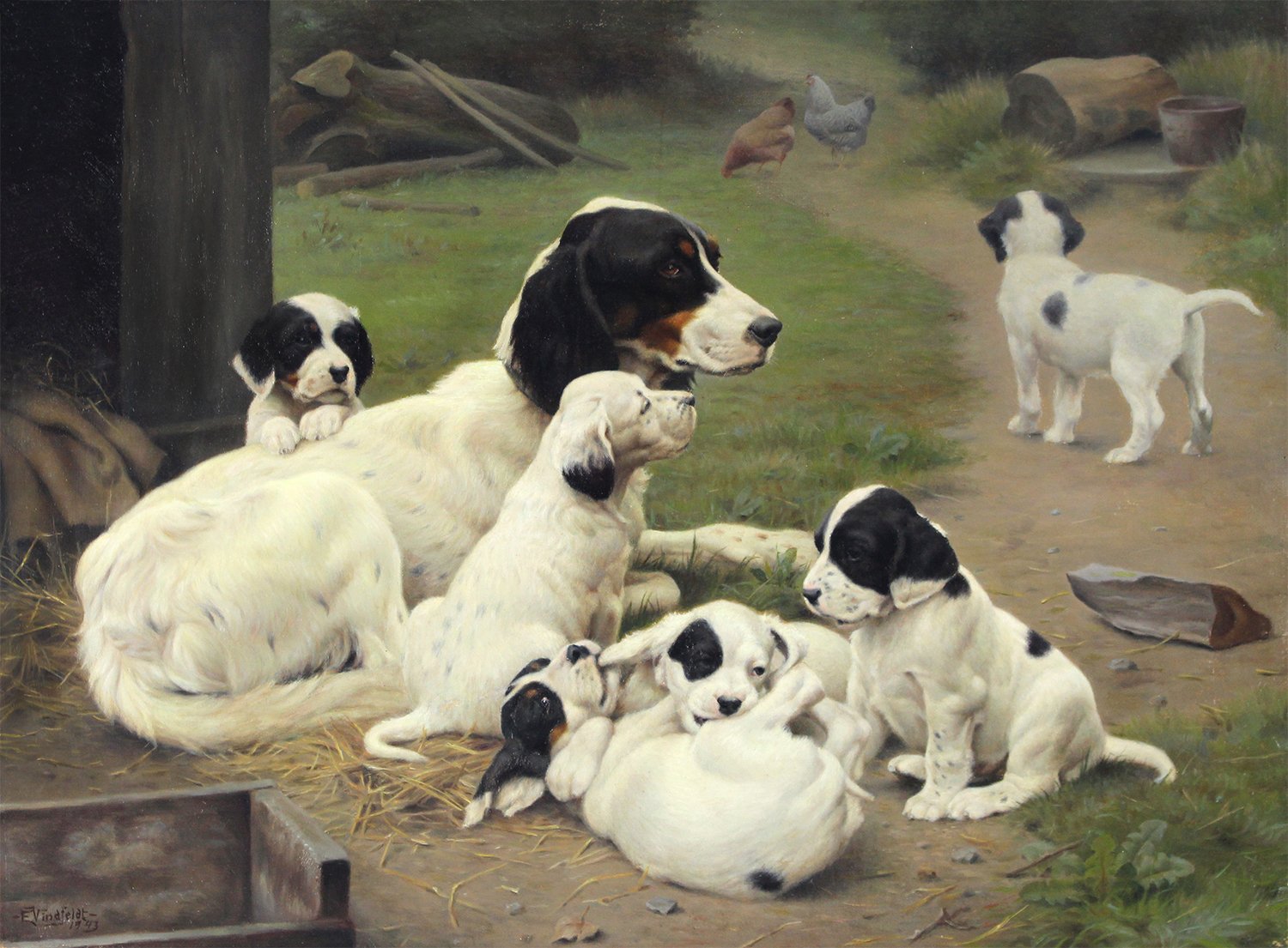 Ejnar Vindfeldt (Danish 1905-1953)   A Moment’s Rest - English Setter with Six Puppies  